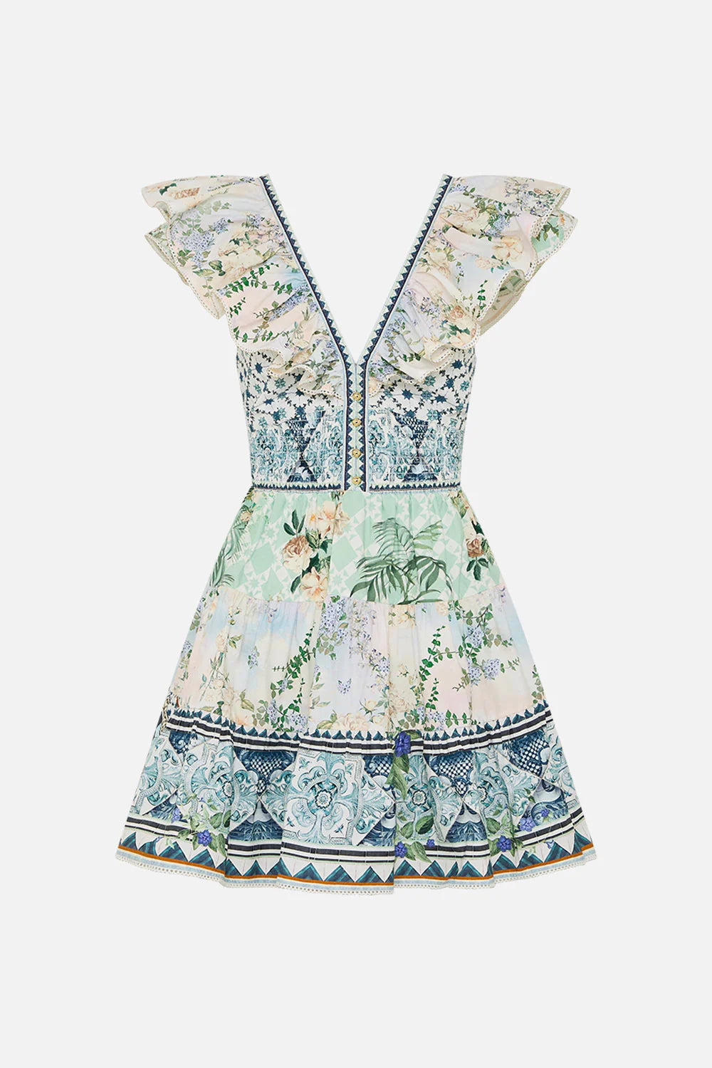 TIERED SHORT DRESS W/ NECK FRILL