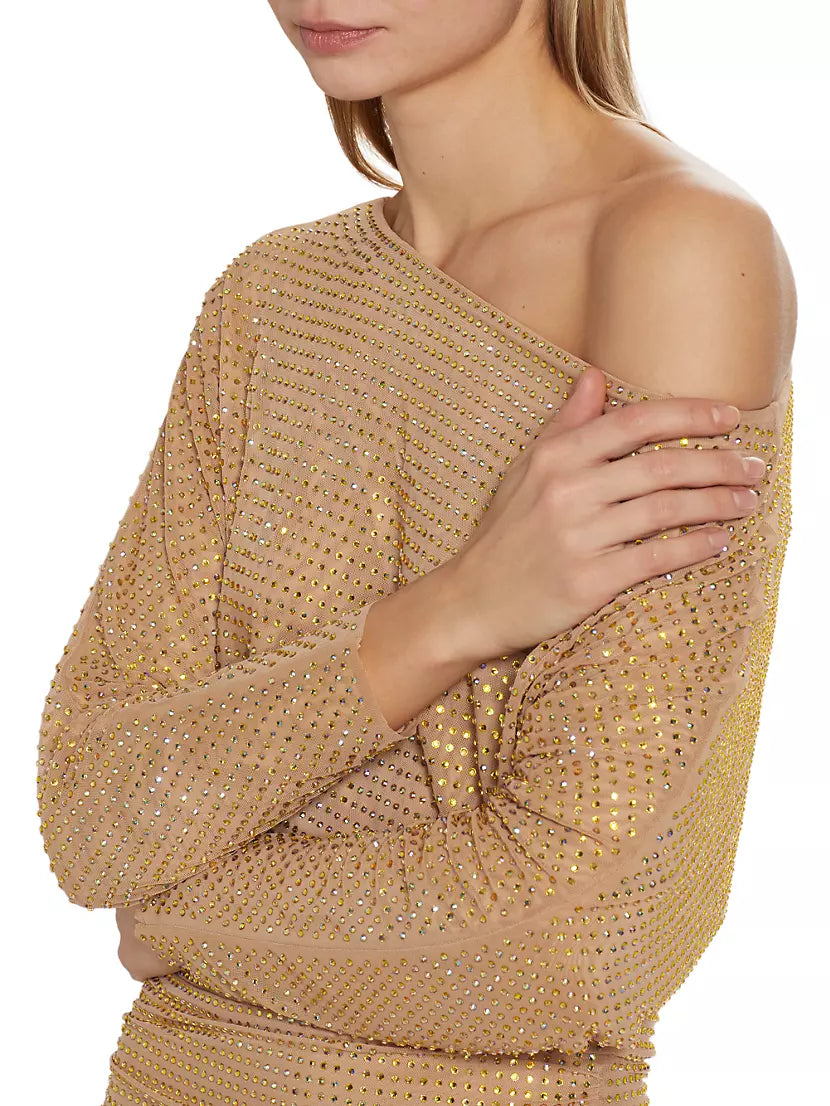 GOLD RHINESTONE MESH MIDI DRESS