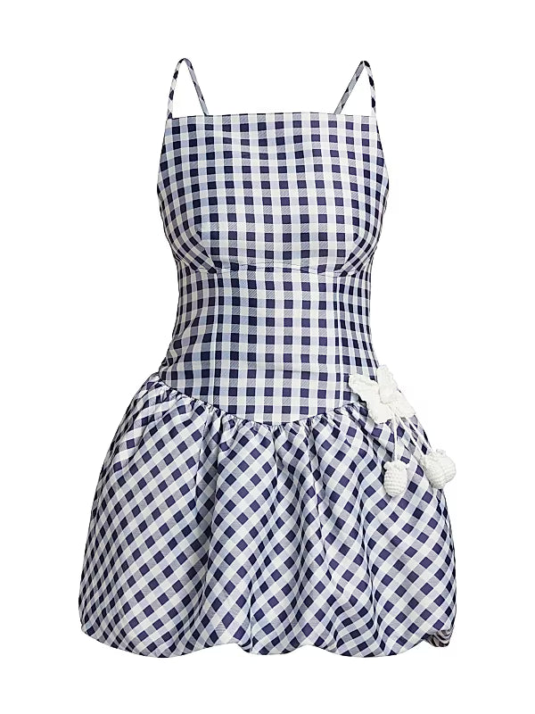 NAVY GINGHAM TAFFETA MINI DRESS