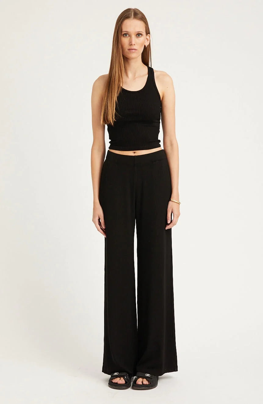BLACK RIB WIDE LEG PANTS