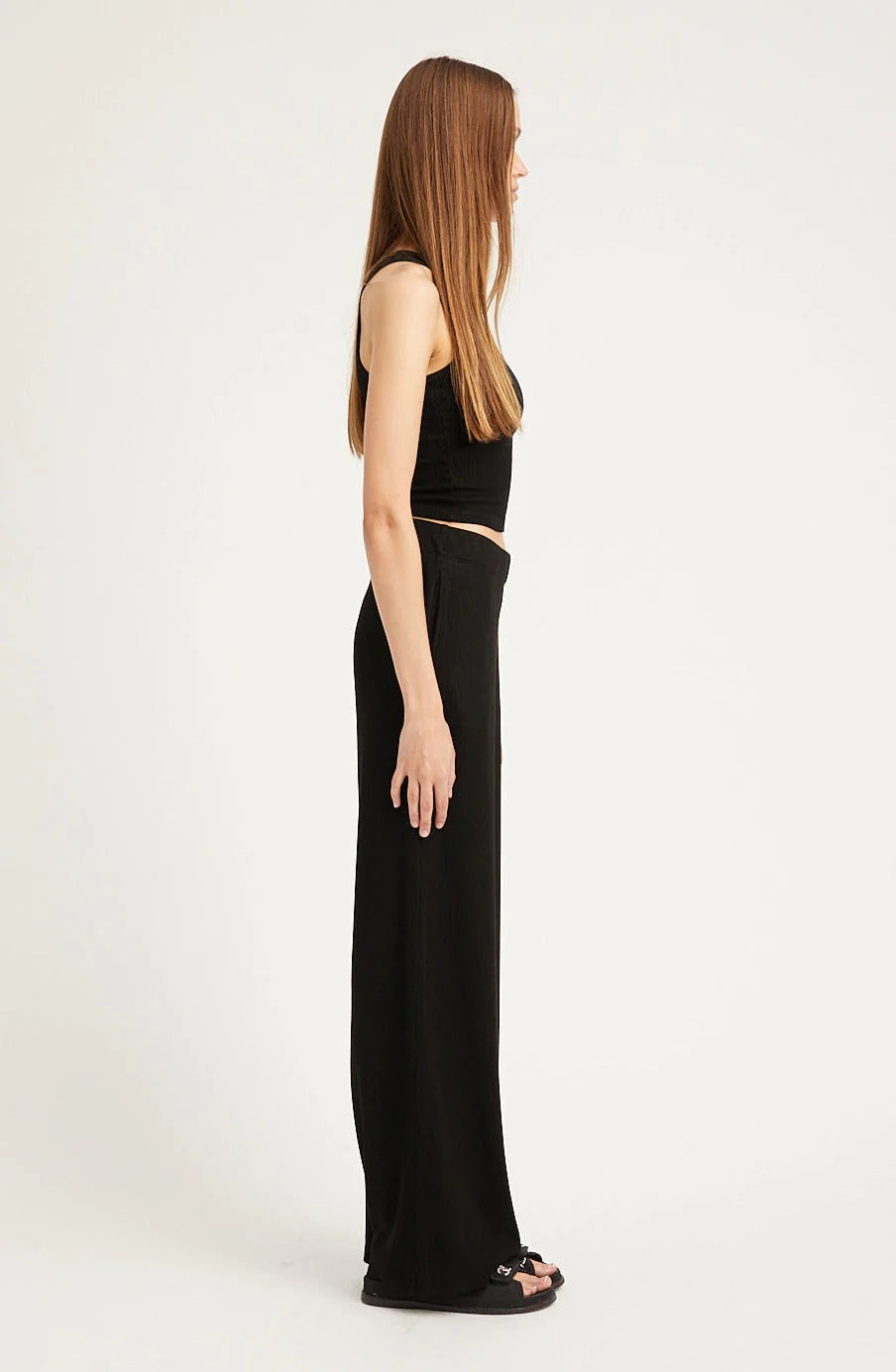 BLACK RIB WIDE LEG PANTS