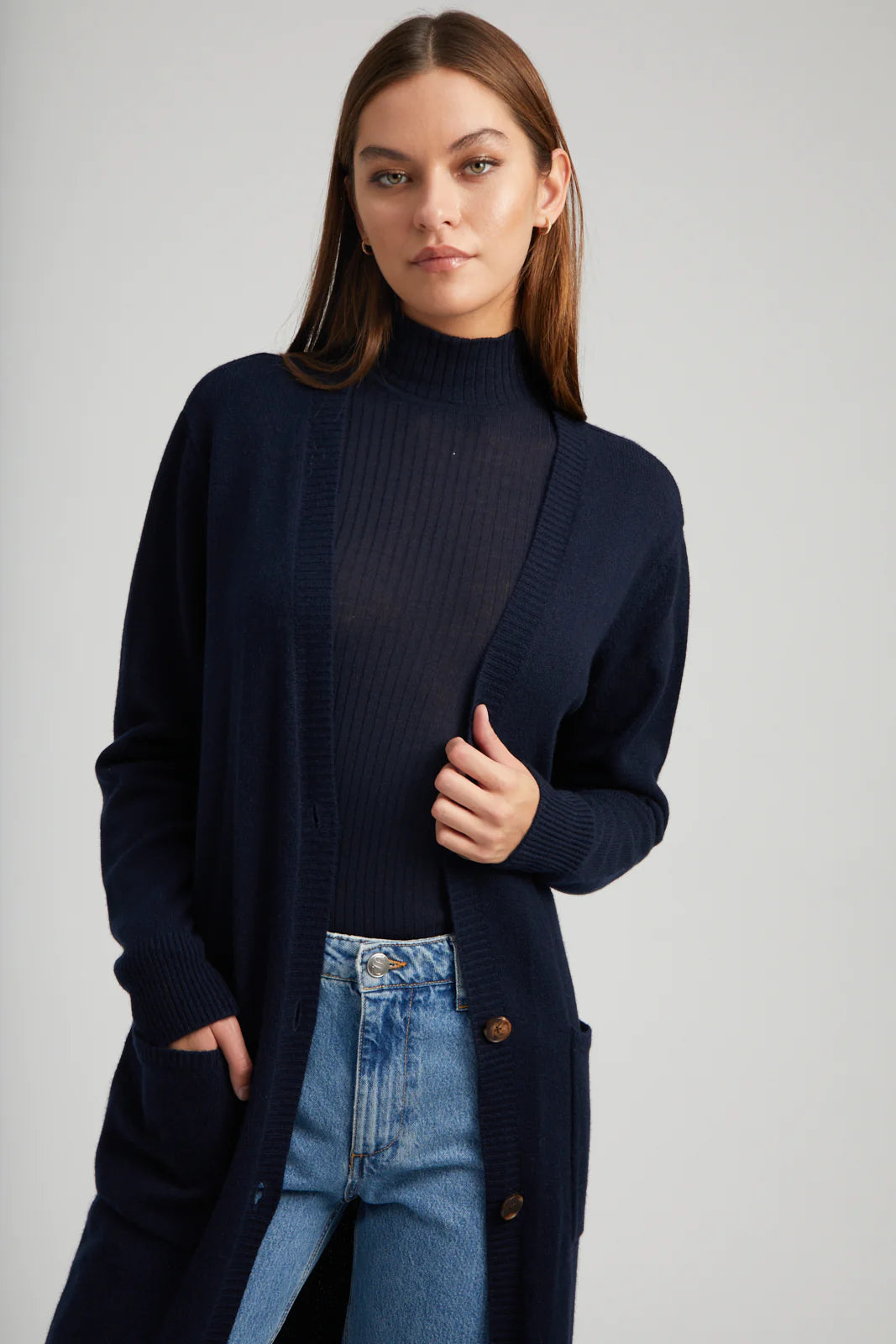 NAVY CASHMERE LONG CARDIGAN