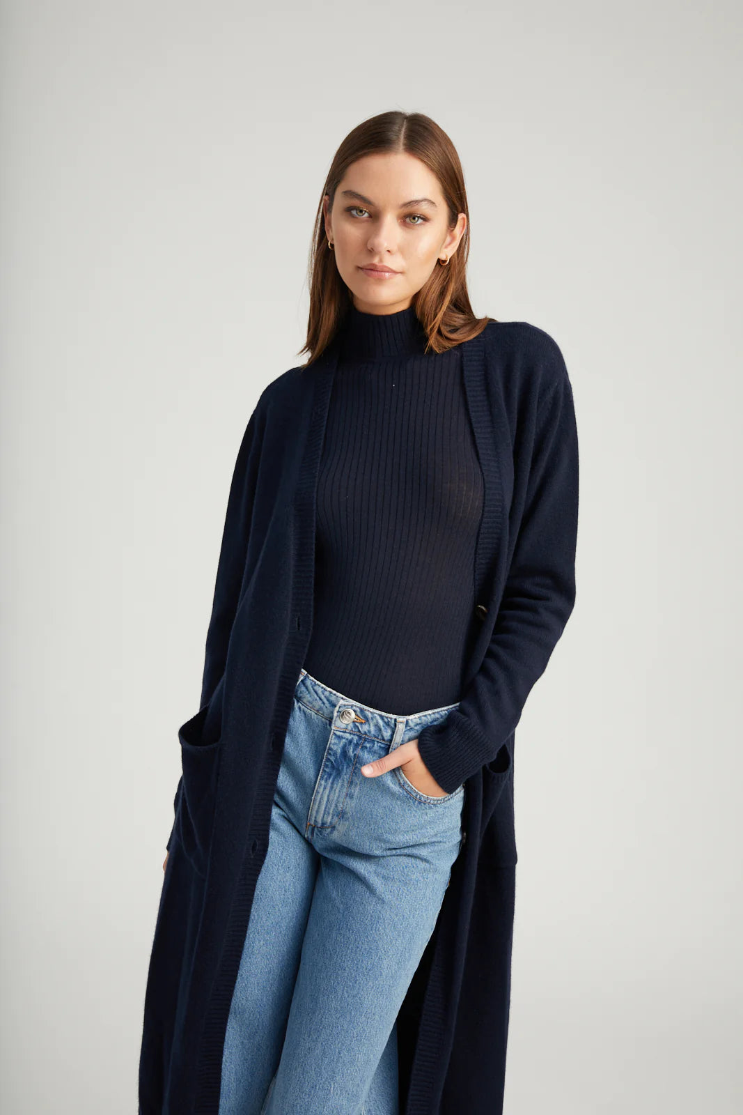 NAVY CASHMERE LONG CARDIGAN