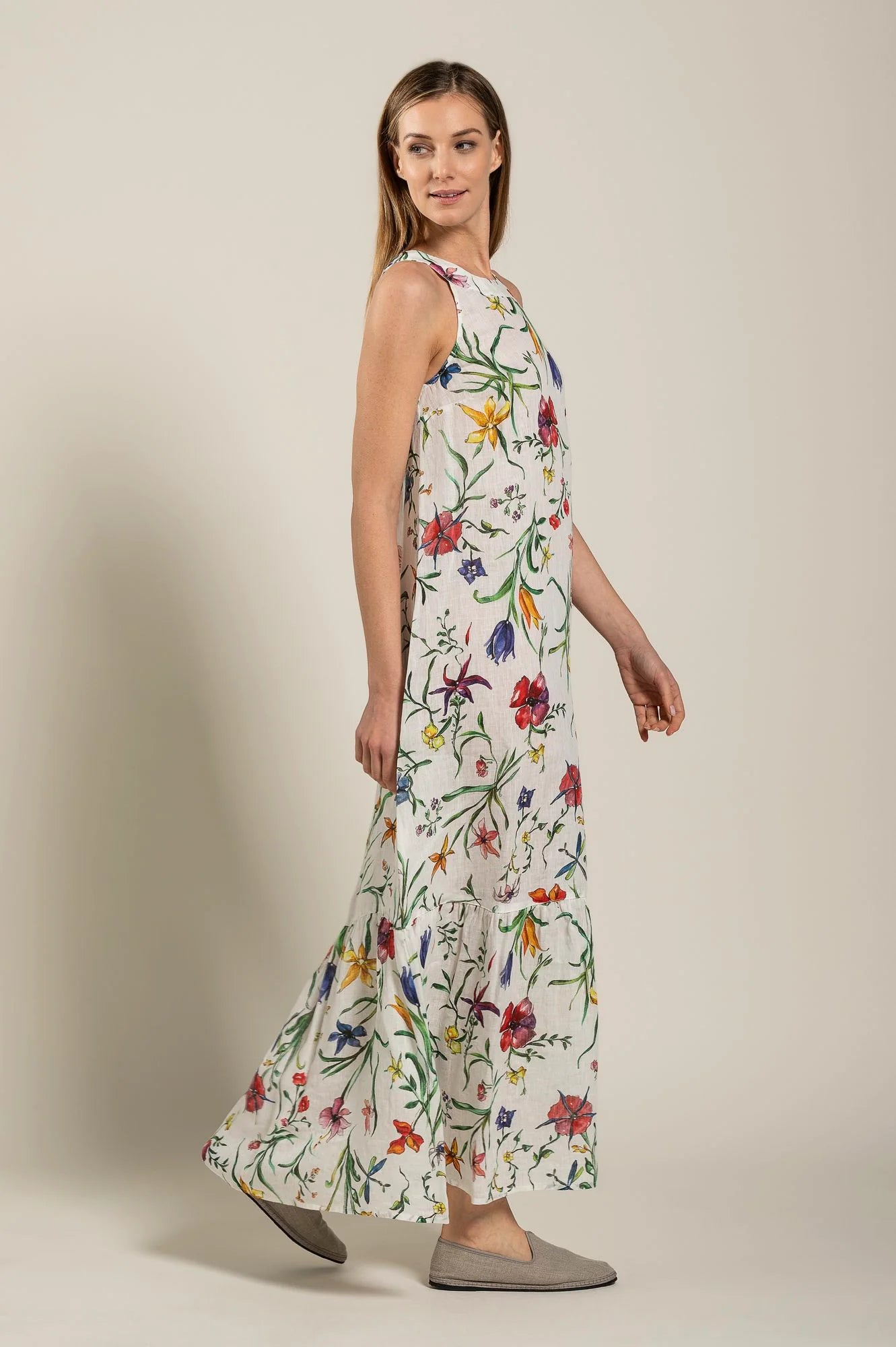 Sleeveless Multi Flower Linen Dress