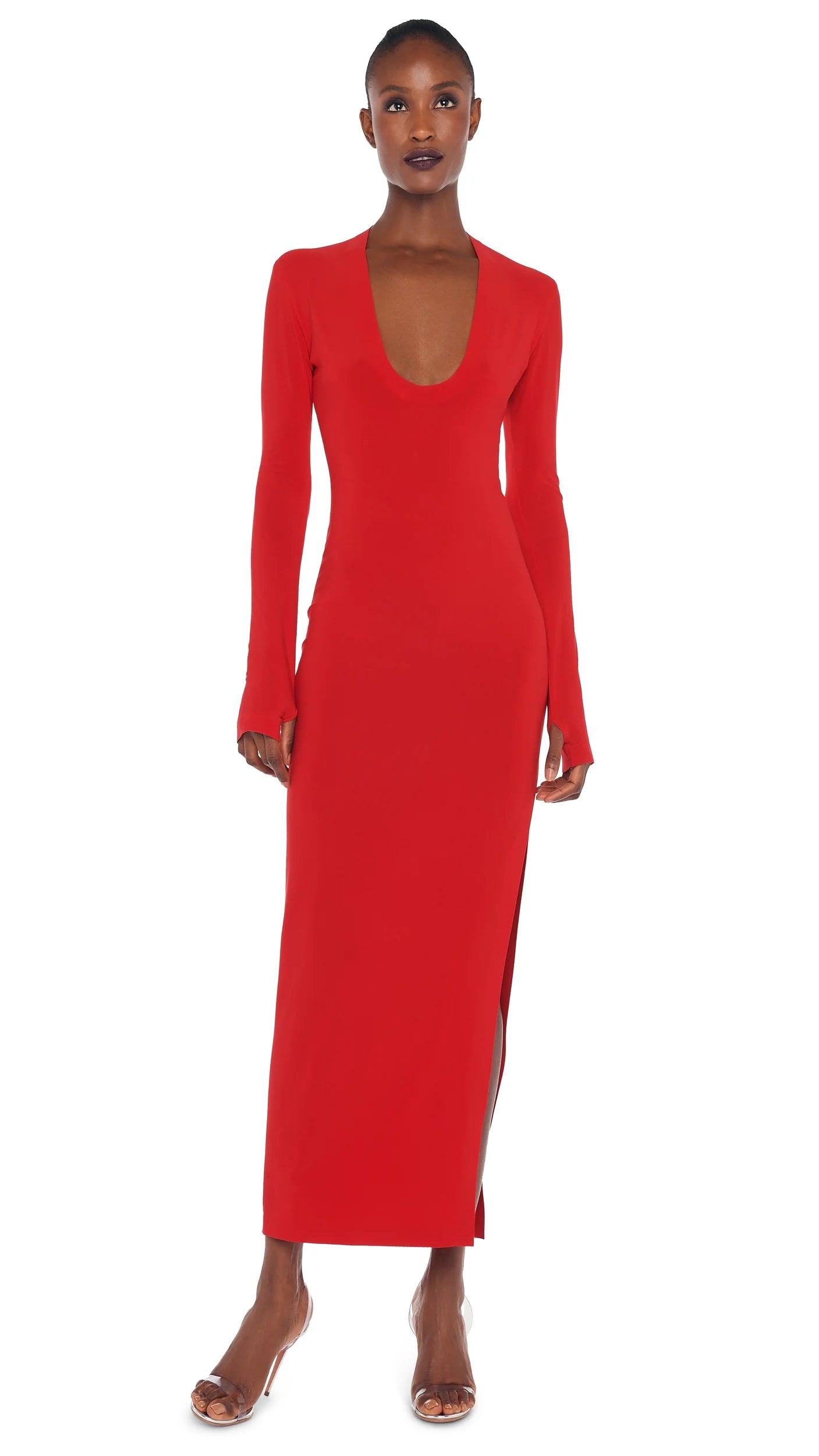 Long Sleeve Deep U Neck Side Slit Gown
