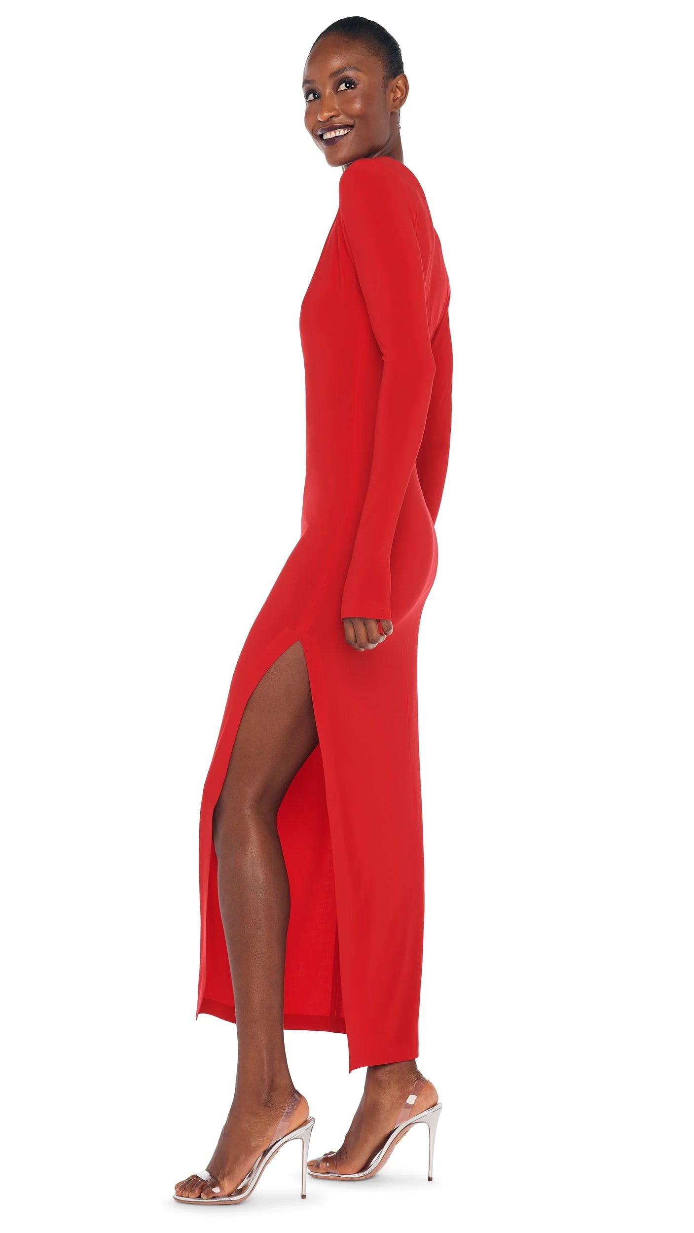 Long Sleeve Deep U Neck Side Slit Gown