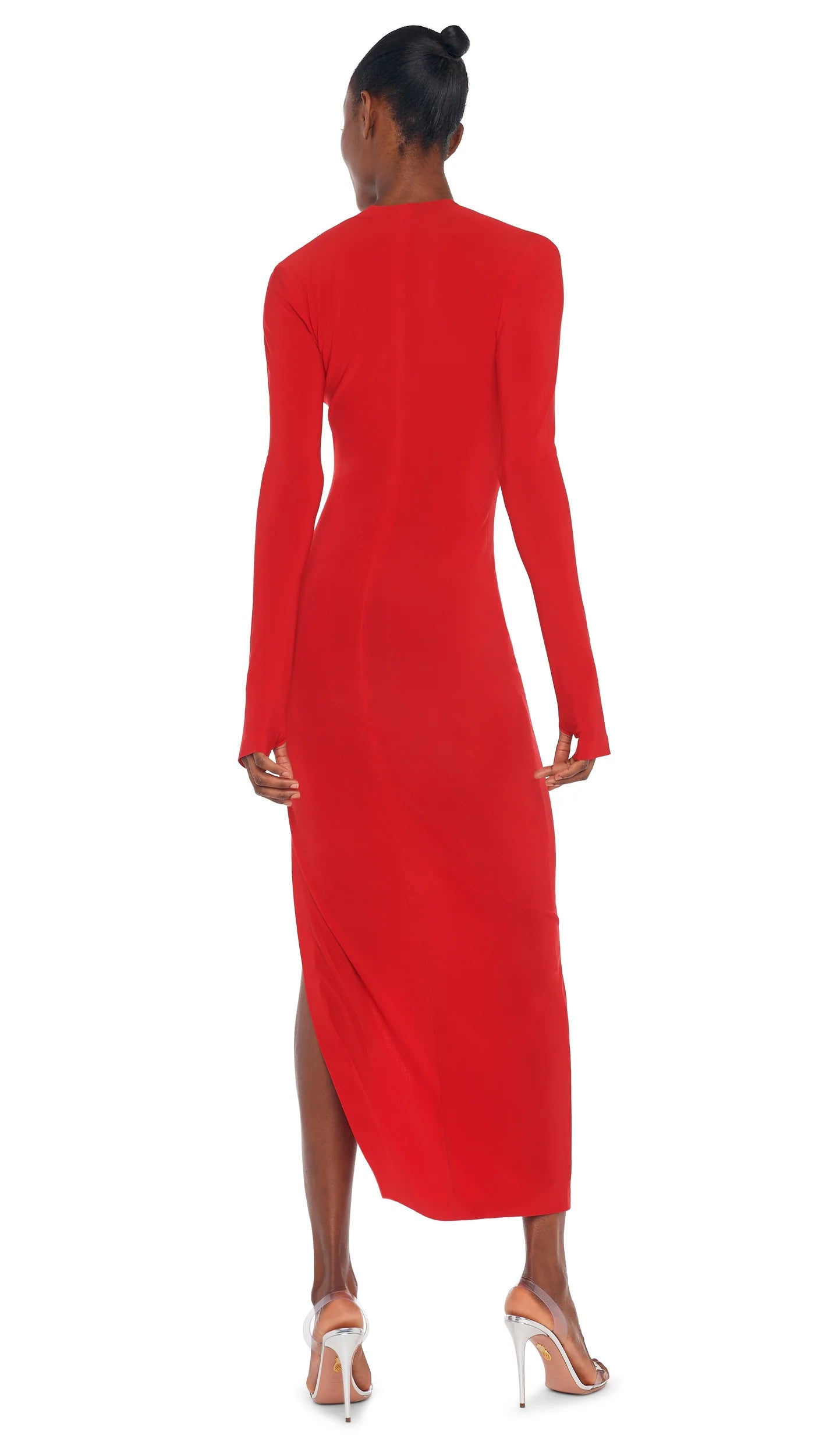 Long Sleeve Deep U Neck Side Slit Gown