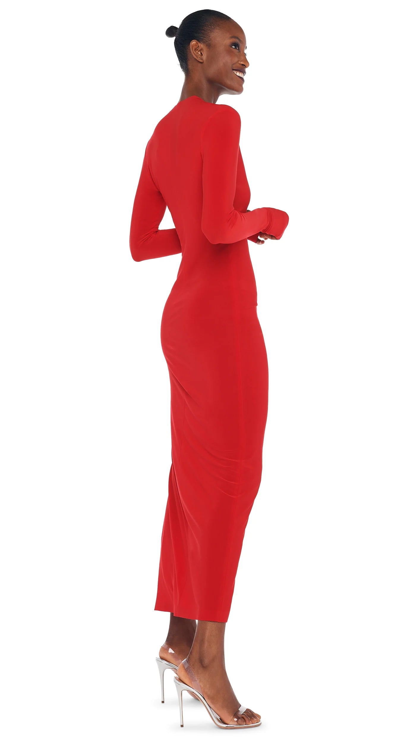 Long Sleeve Deep U Neck Side Slit Gown