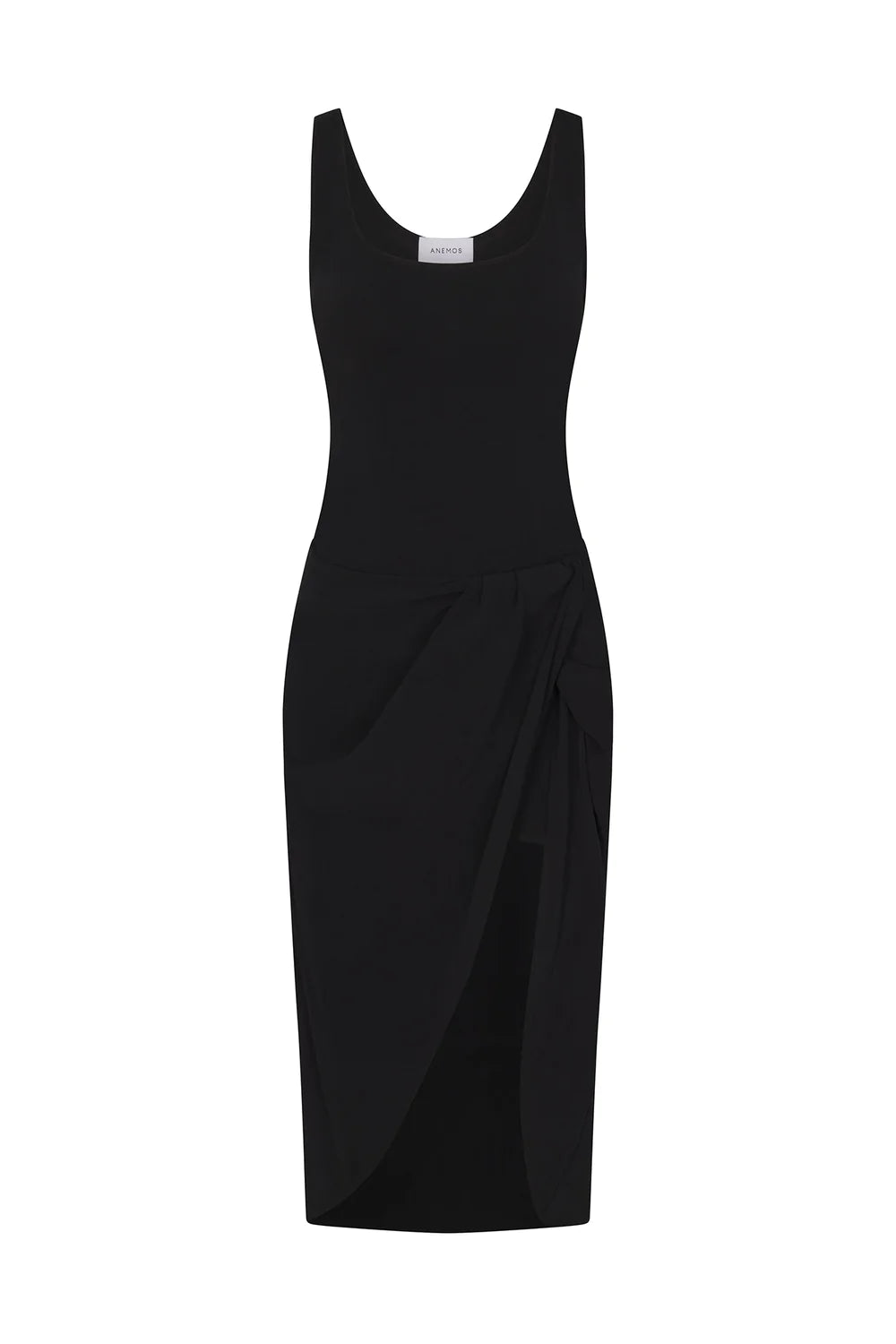 THE SELENE DROP WAIST DRAPE MIDI DRESS IN STRETCH CUPRO