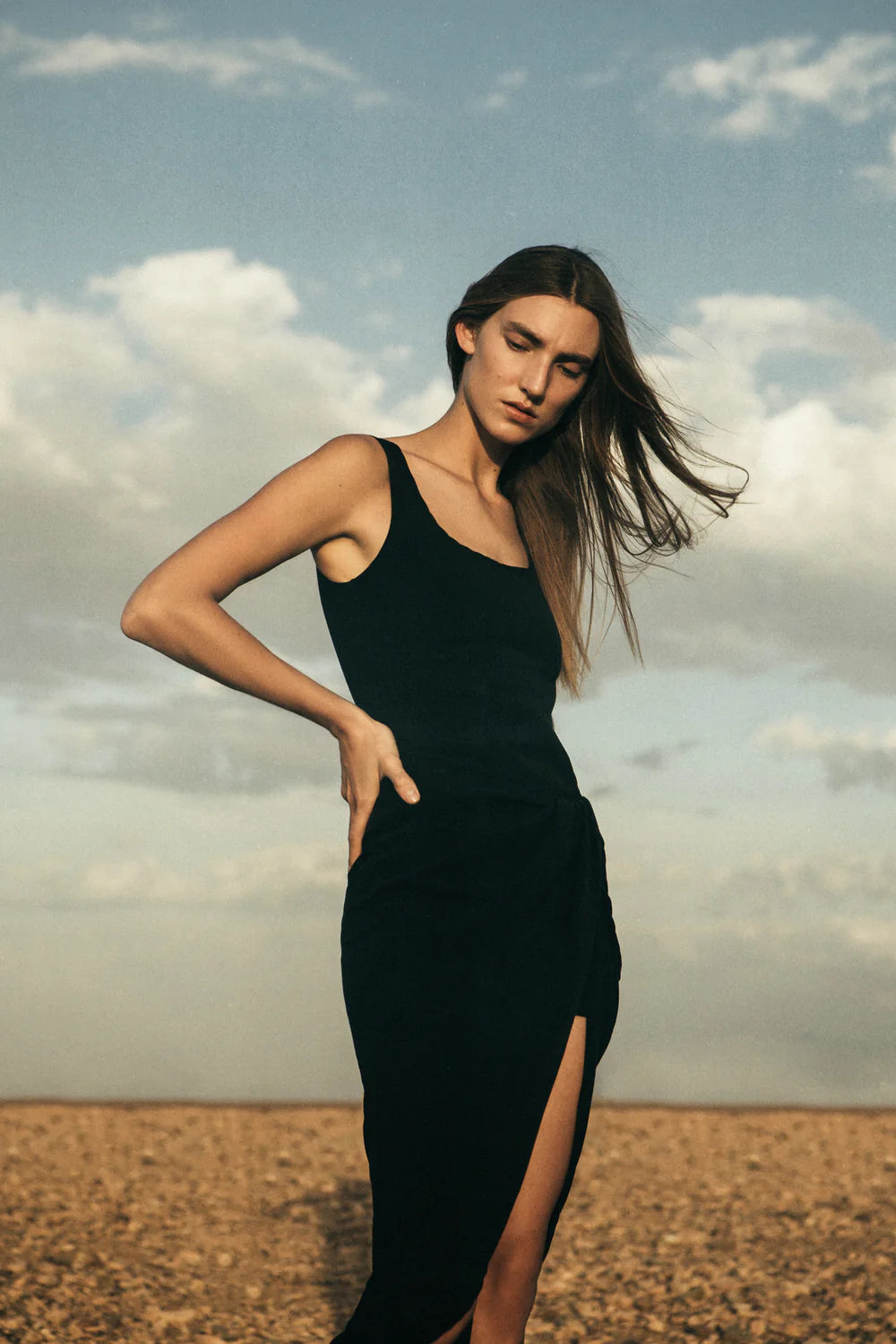 The Selene Drop Waist Drape Midi Dress in Stretch Cupro M / Black The Selene Drop Waist Drape Midi Dress in Stretch Cupro M / Black