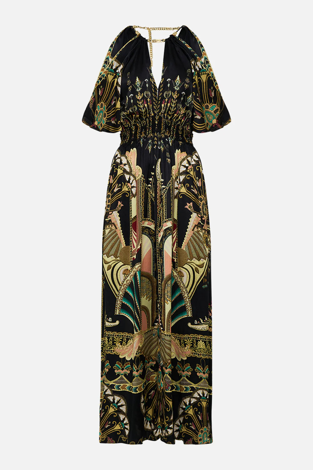 NECK PIECE SHIRRED WAIST LONG DRESS