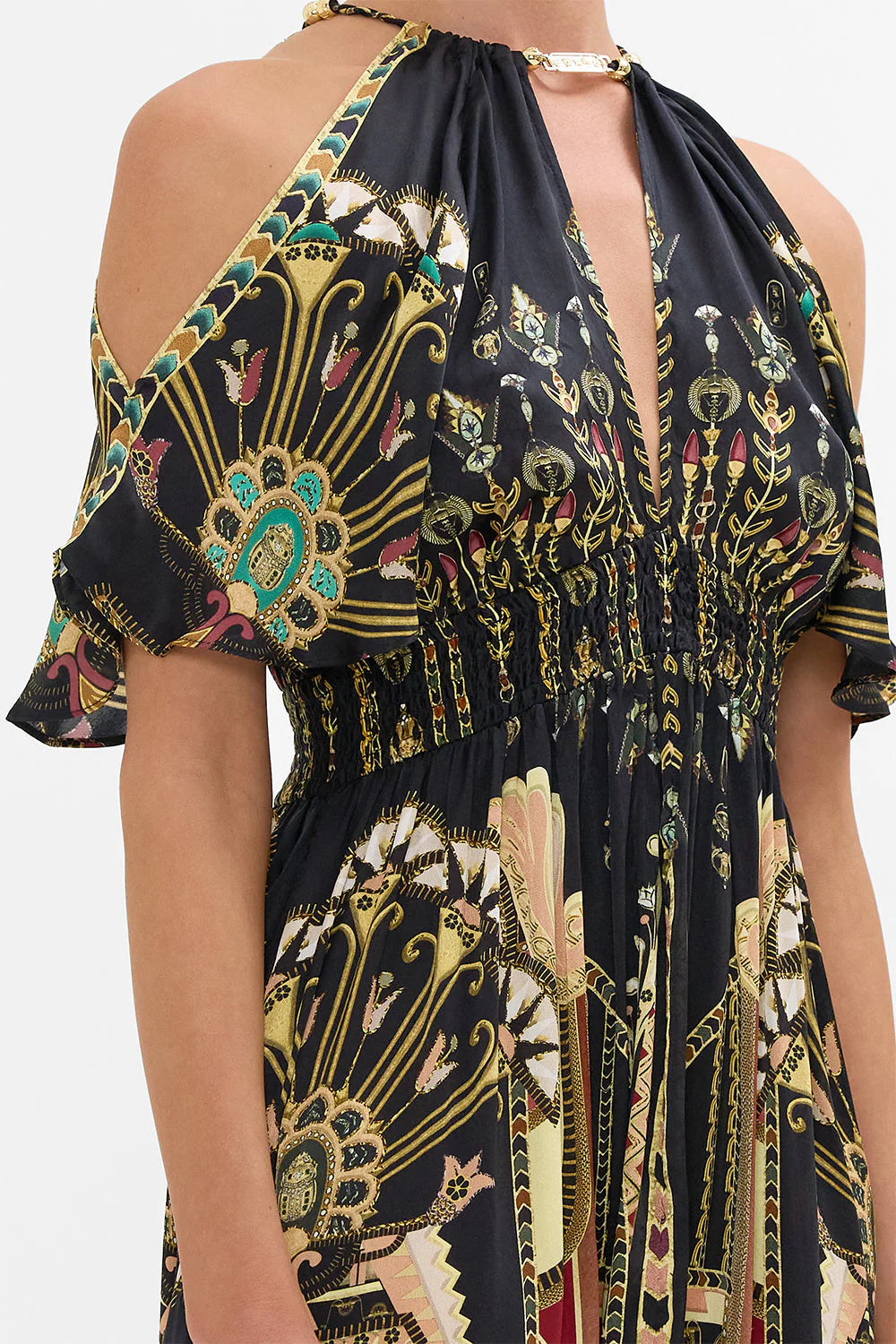 NECK PIECE SHIRRED WAIST LONG DRESS