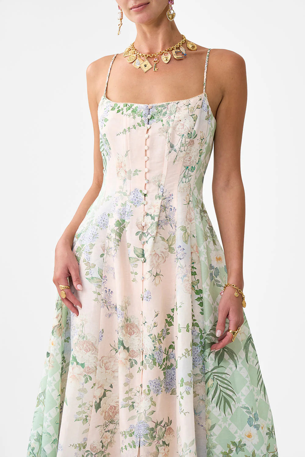CORSET DRESS W LONG FLARED SKIRT