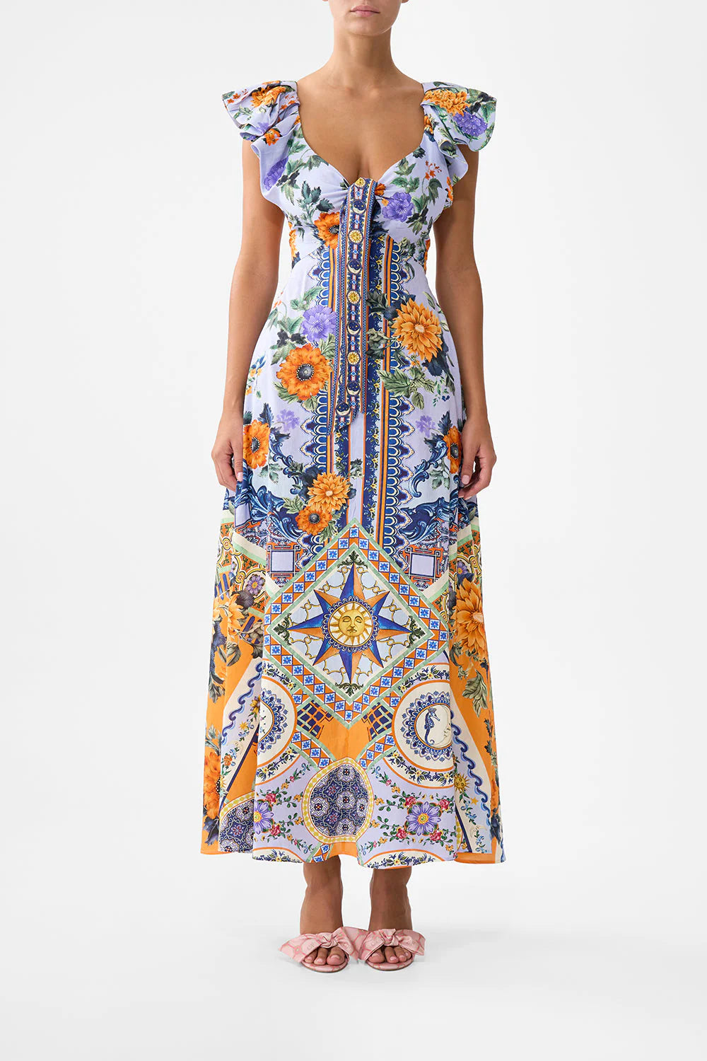 TIE FRONT FRILL SLEEVE LONG DRESS