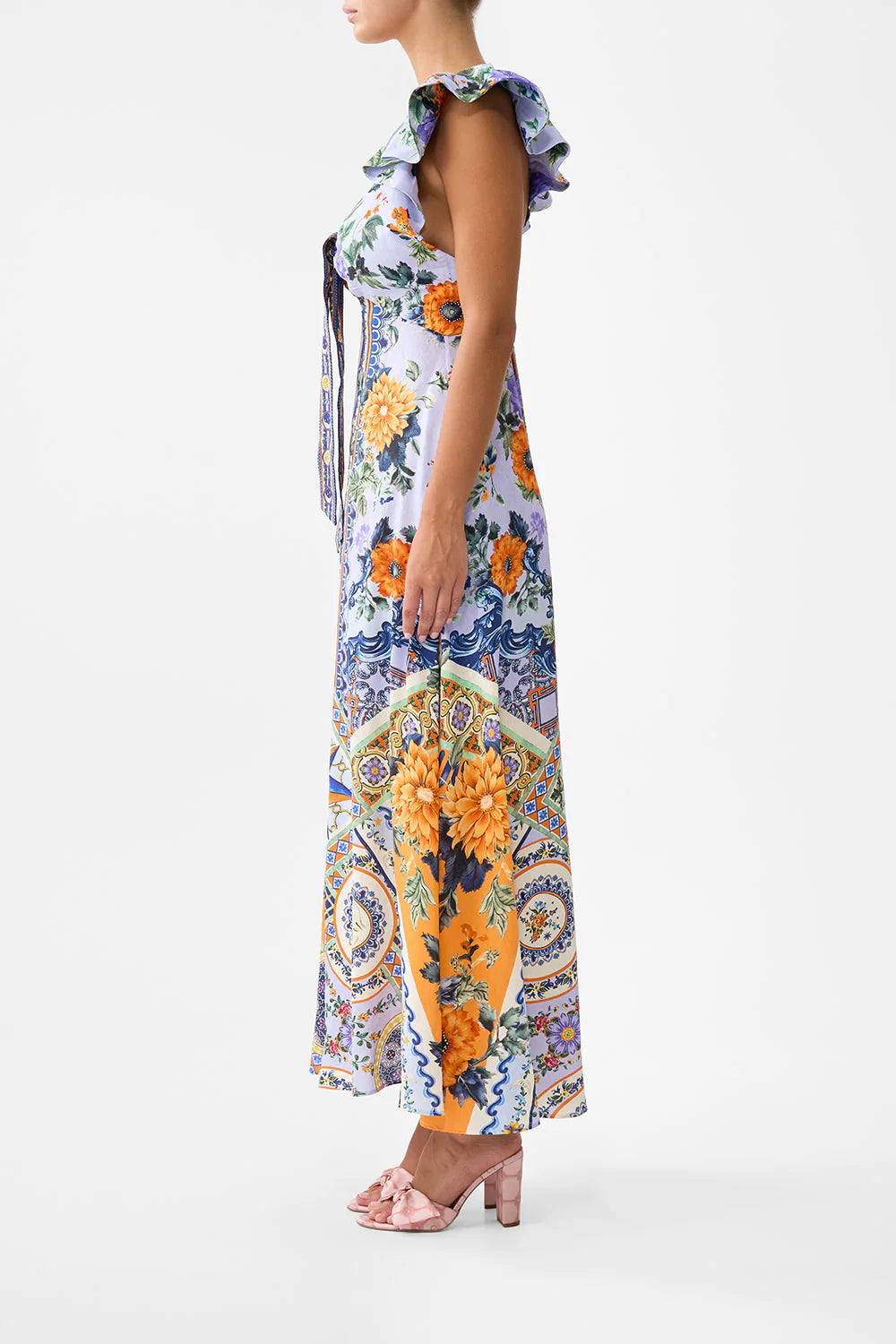 TIE FRONT FRILL SLEEVE LONG DRESS