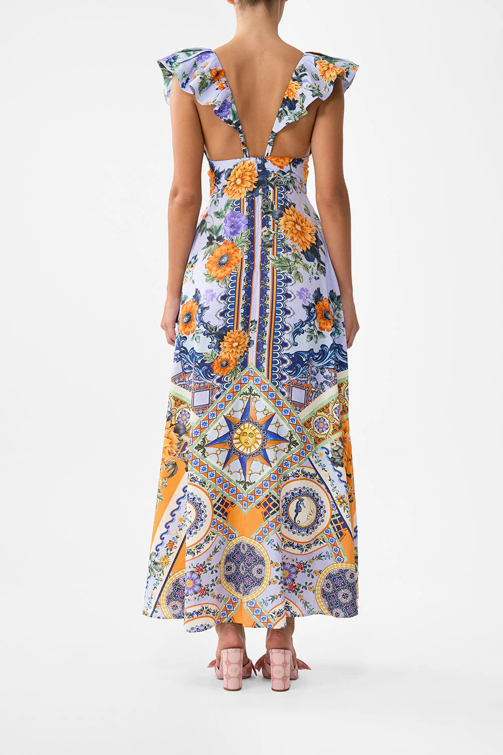 TIE FRONT FRILL SLEEVE LONG DRESS