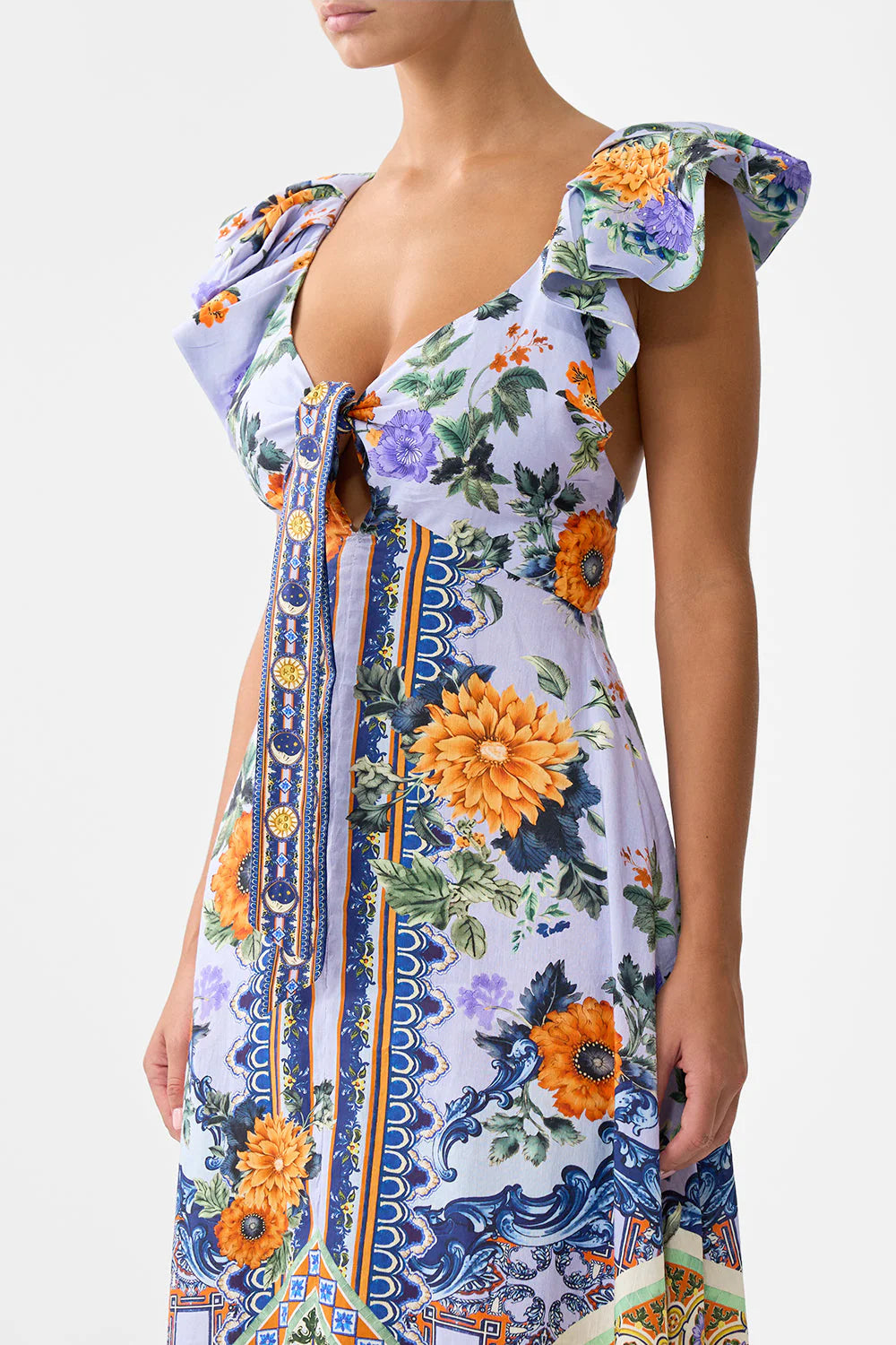 TIE FRONT FRILL SLEEVE LONG DRESS