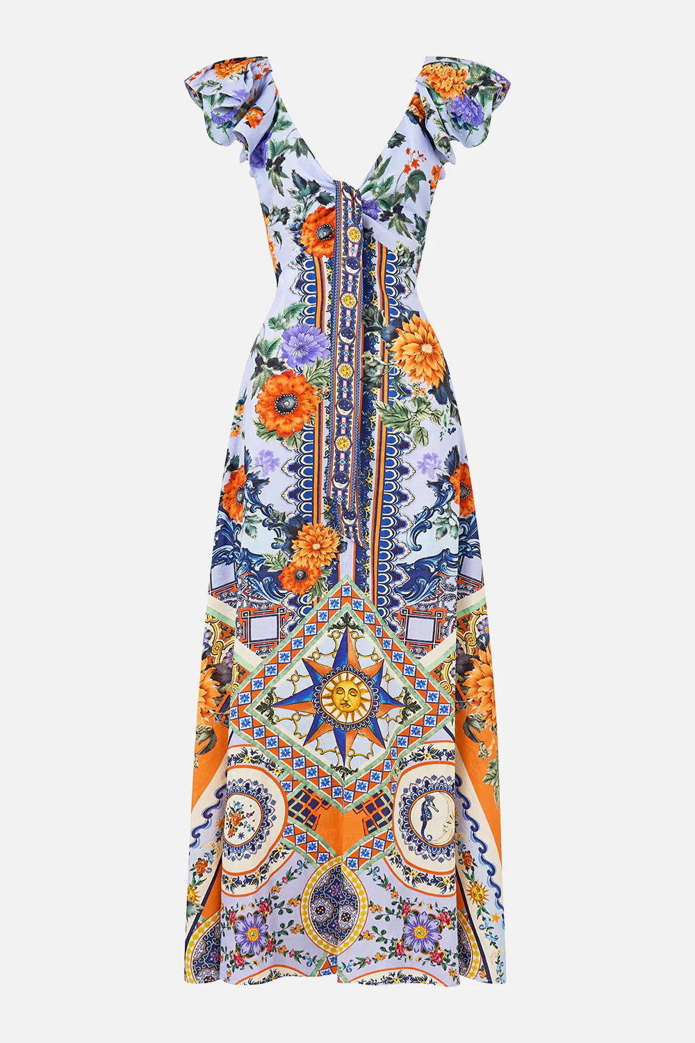 TIE FRONT FRILL SLEEVE LONG DRESS