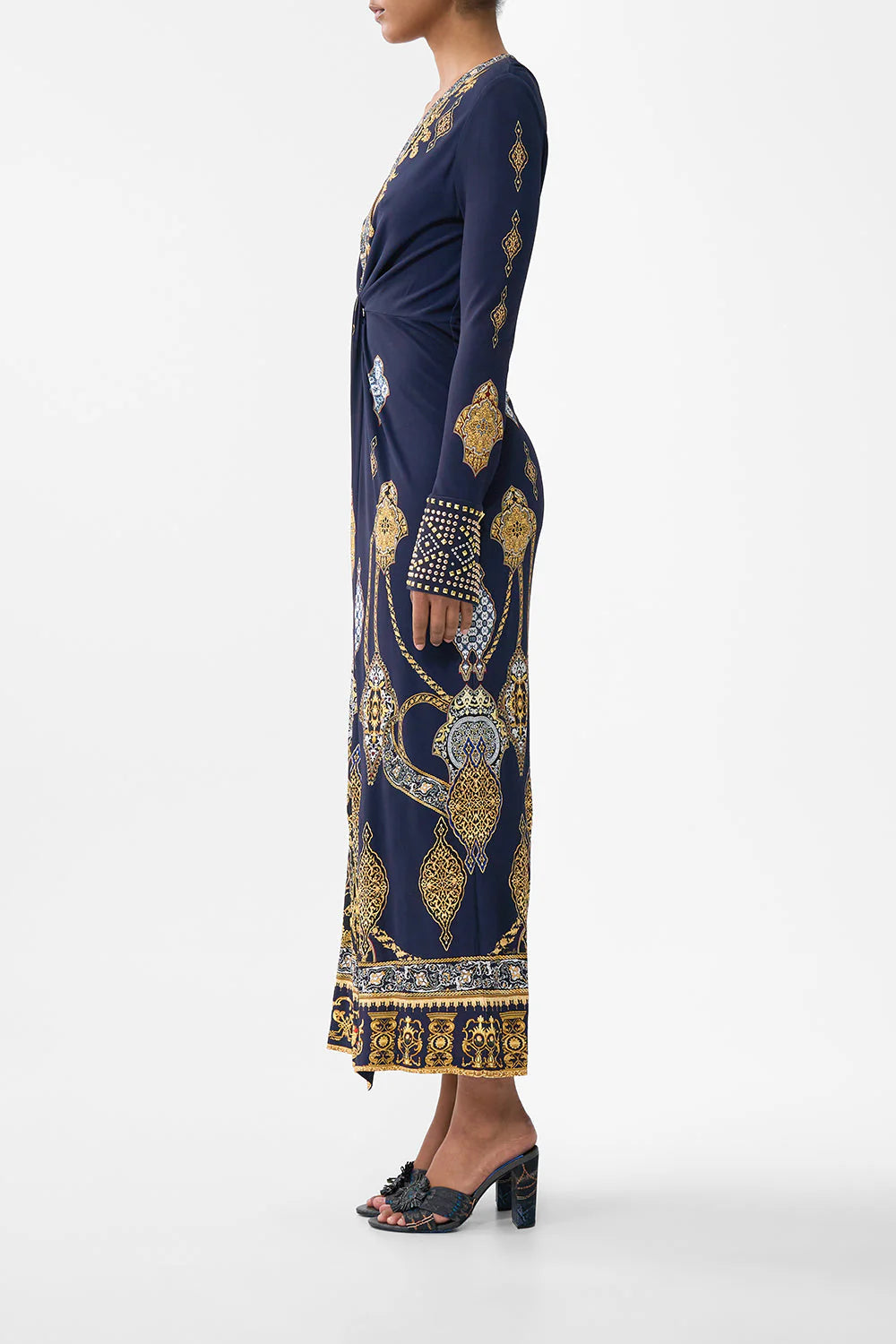 LONG V NECK TWIST FRONT JERSEY DRESS