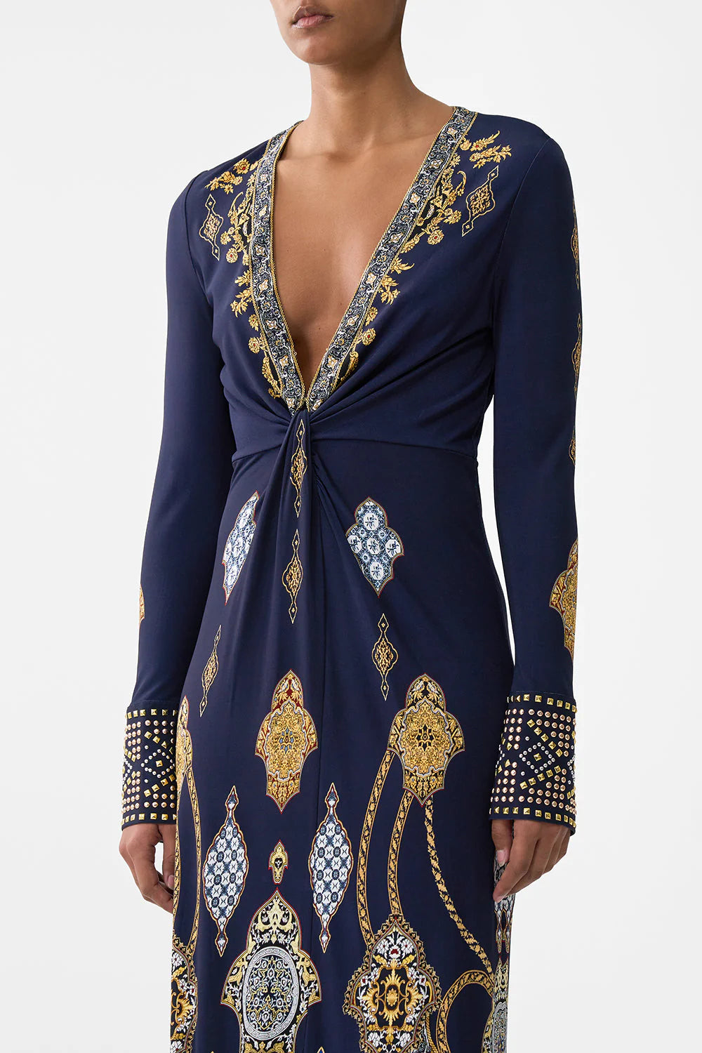 LONG V NECK TWIST FRONT JERSEY DRESS
