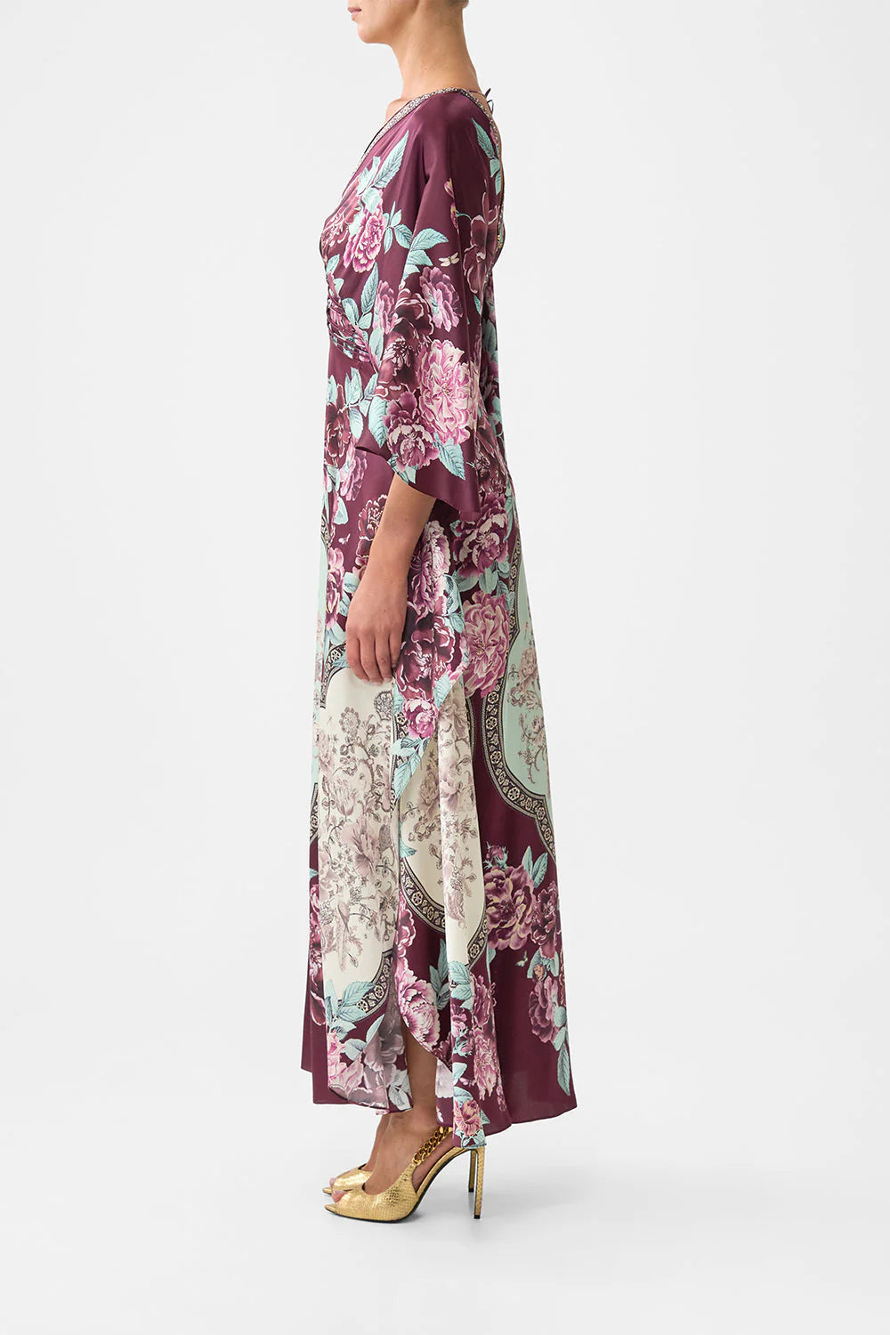 V NECK LACE UP DETAIL LONG DRESS