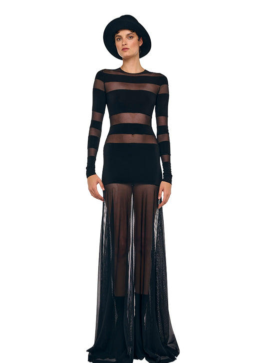 SPLICED LONG SLEEVE FLARED GOWN