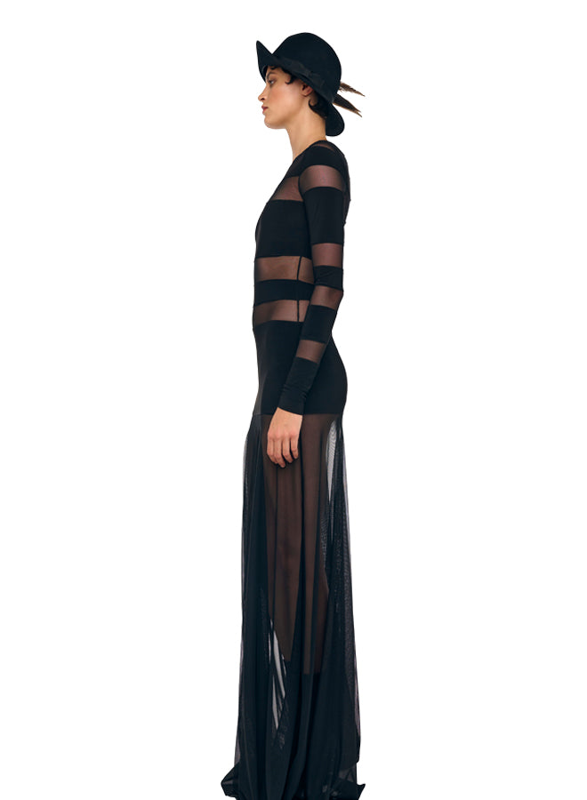 SPLICED LONG SLEEVE FLARED GOWN