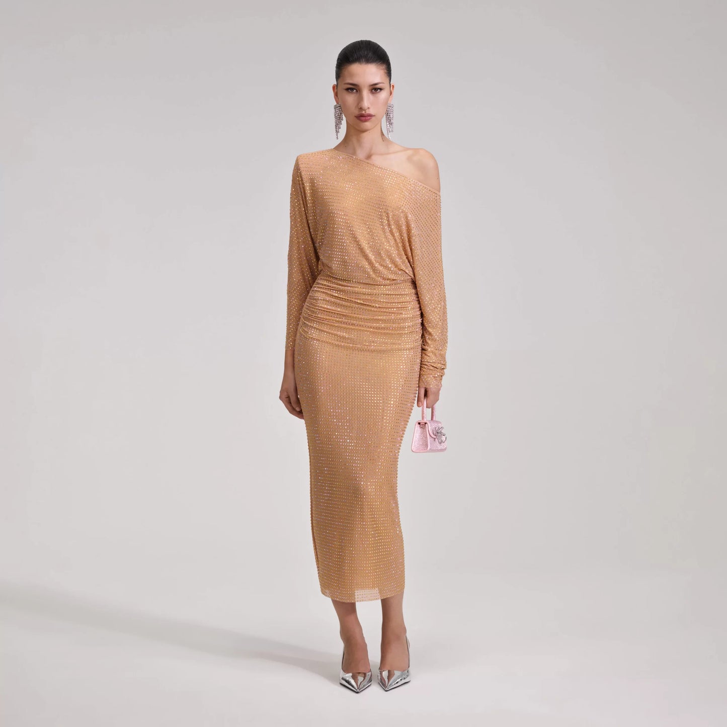 GOLD RHINESTONE MESH MIDI DRESS