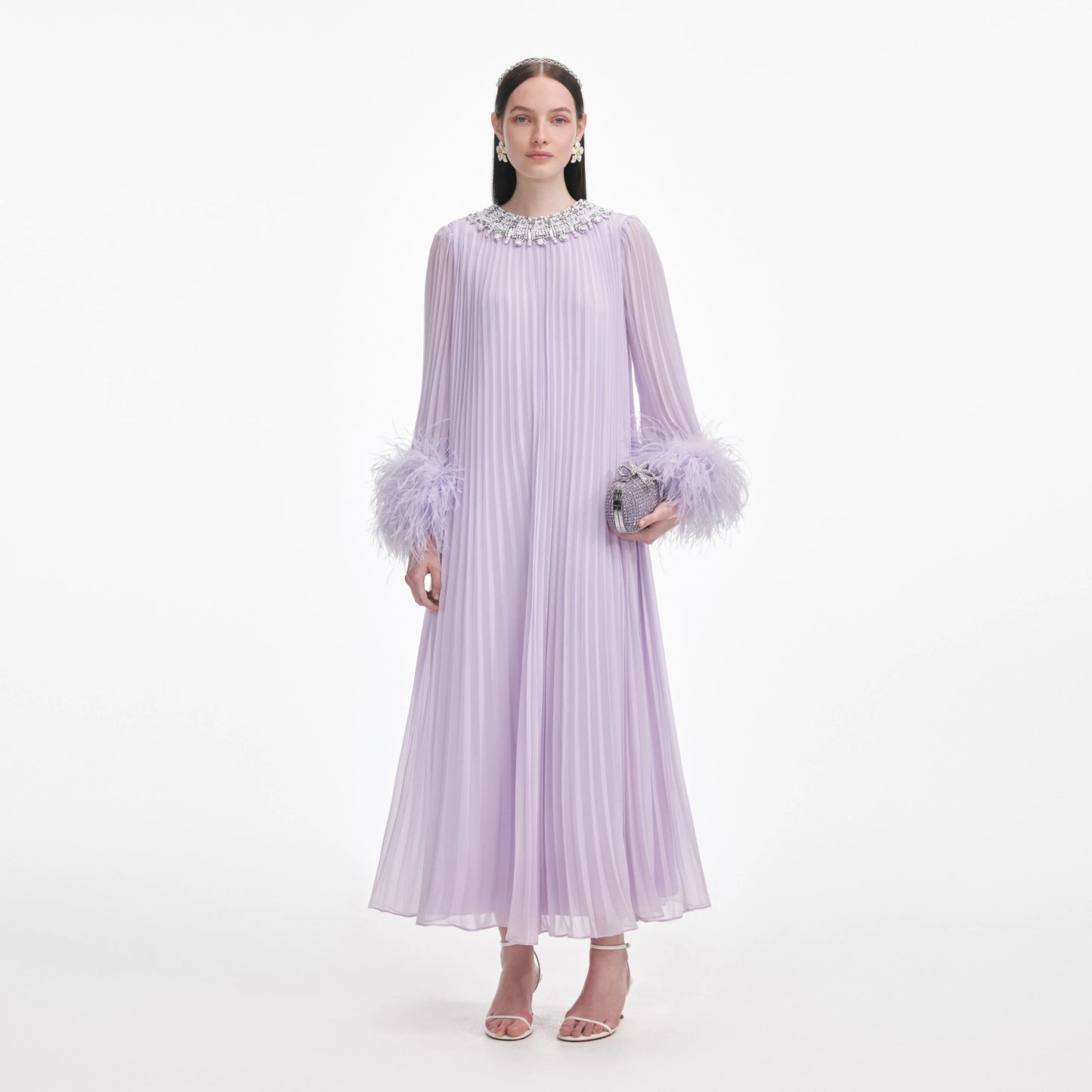 LILAC CHIFFON FEATHER MIDI DRESS