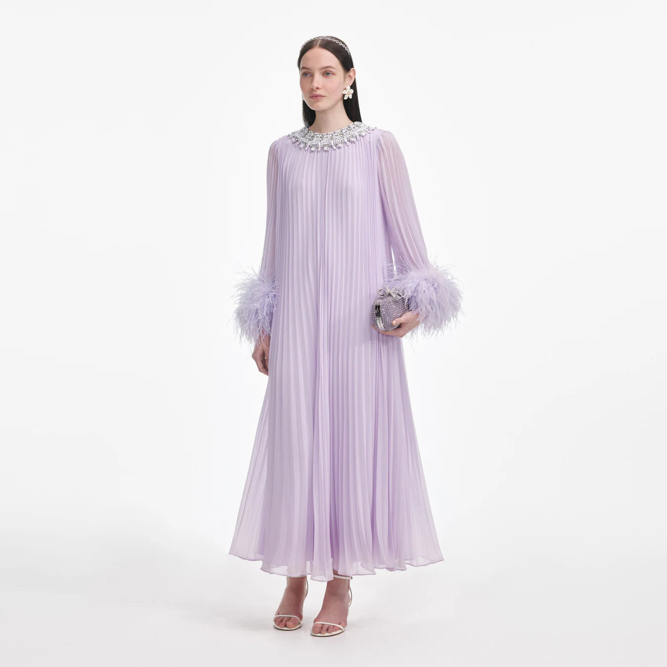 LILAC CHIFFON FEATHER MIDI DRESS