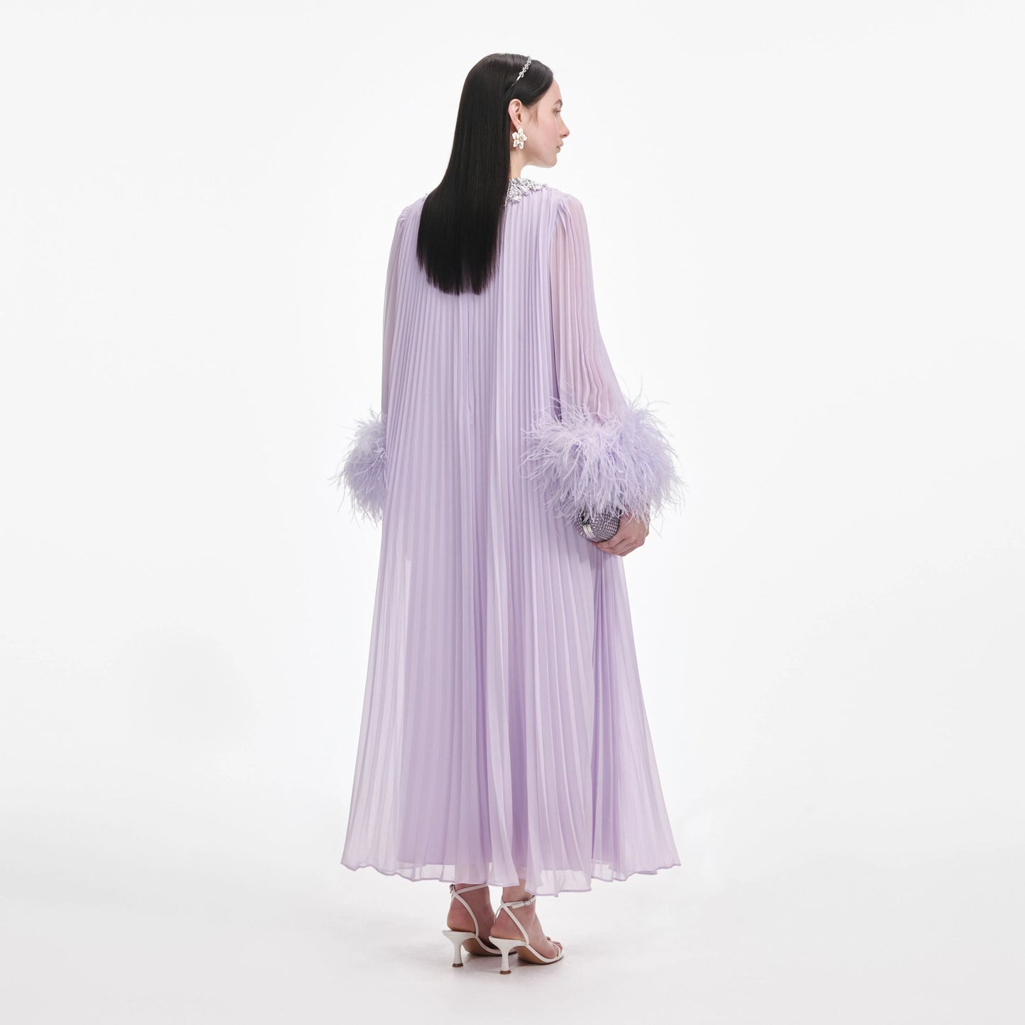 LILAC CHIFFON FEATHER MIDI DRESS