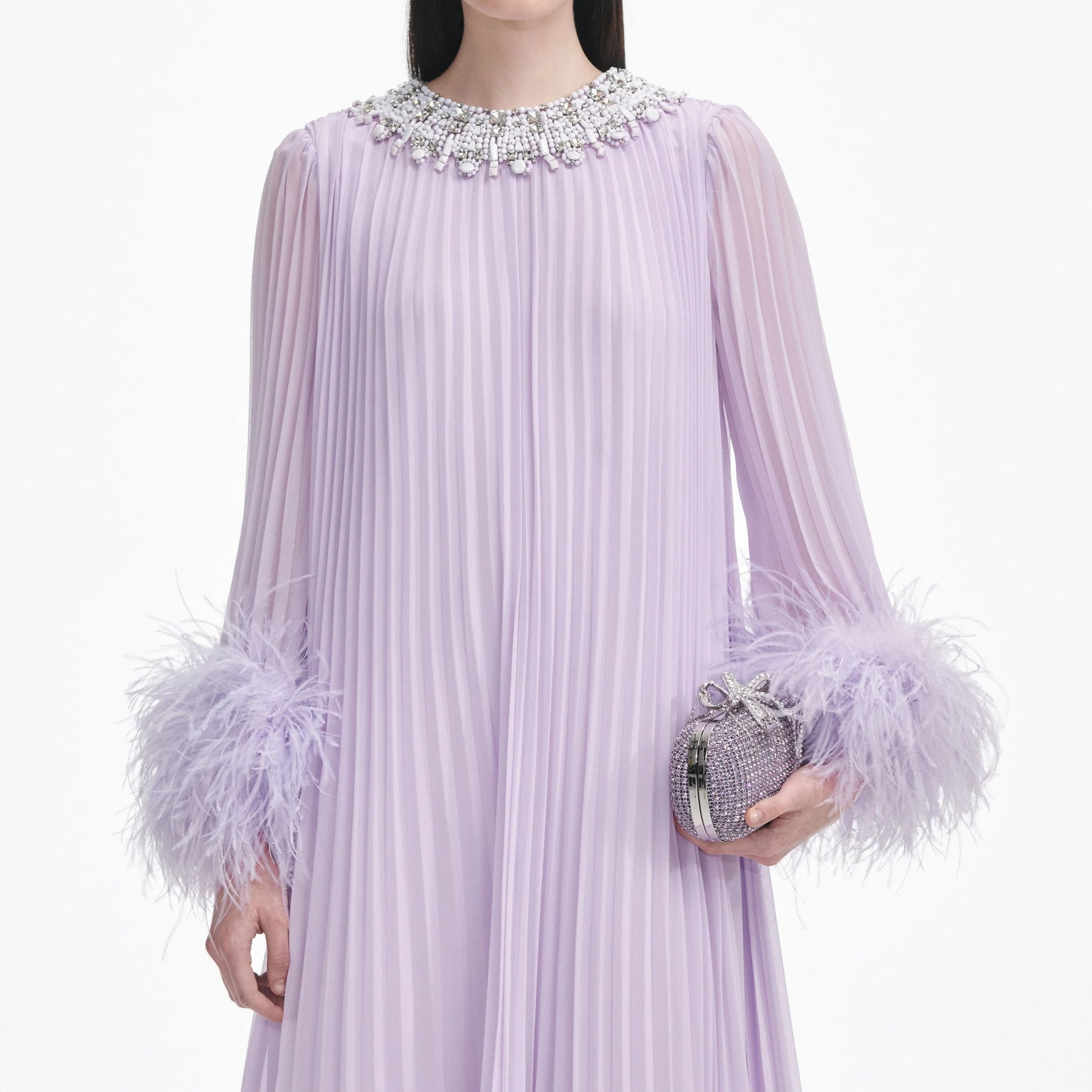LILAC CHIFFON FEATHER MIDI DRESS