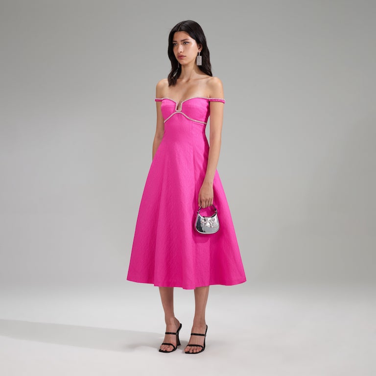Pink Texture Diamante Detail Midi Dress