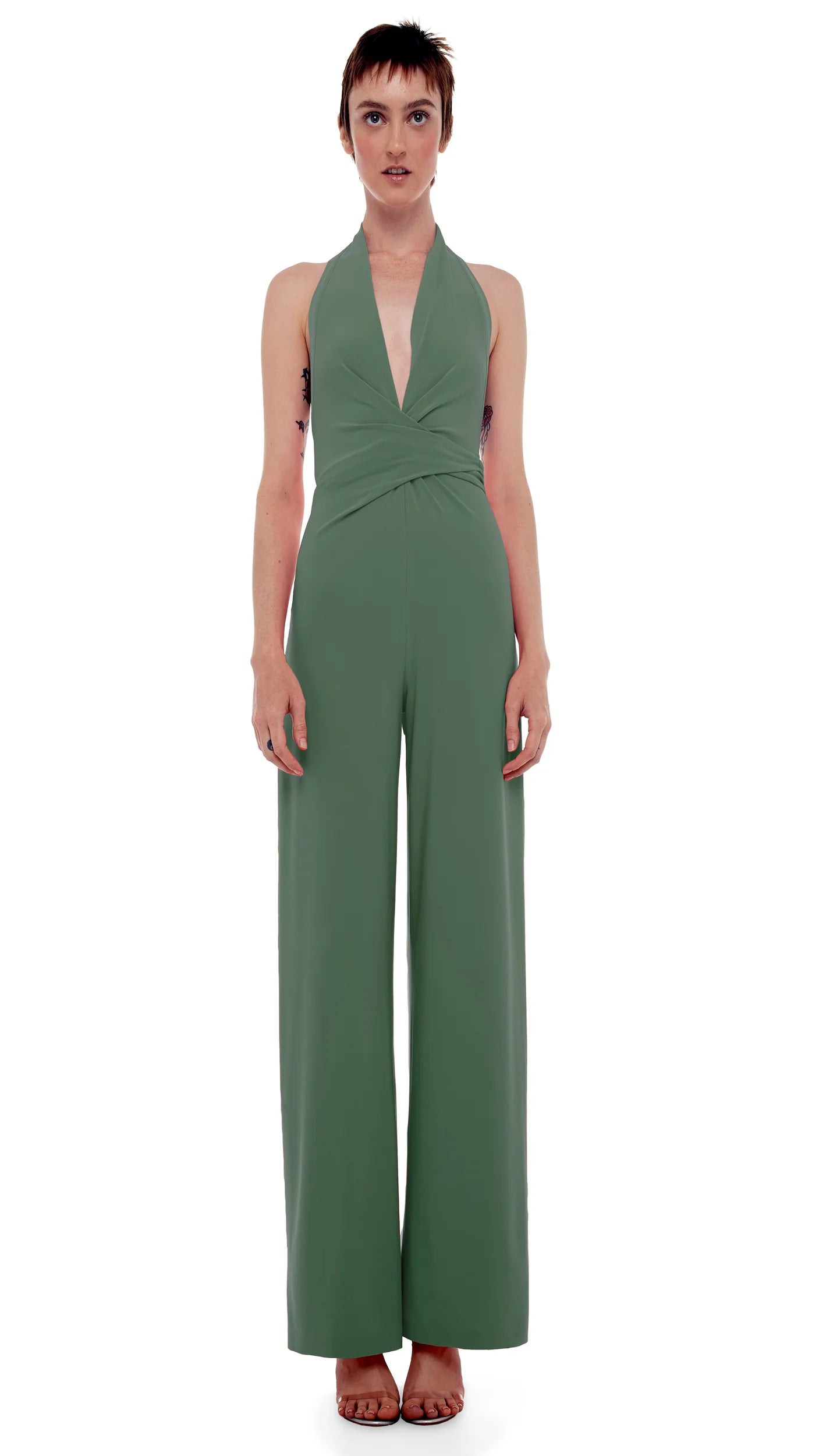 Norma Kamali Halter Wrap Straight Leg Jumpsuit in Celadon