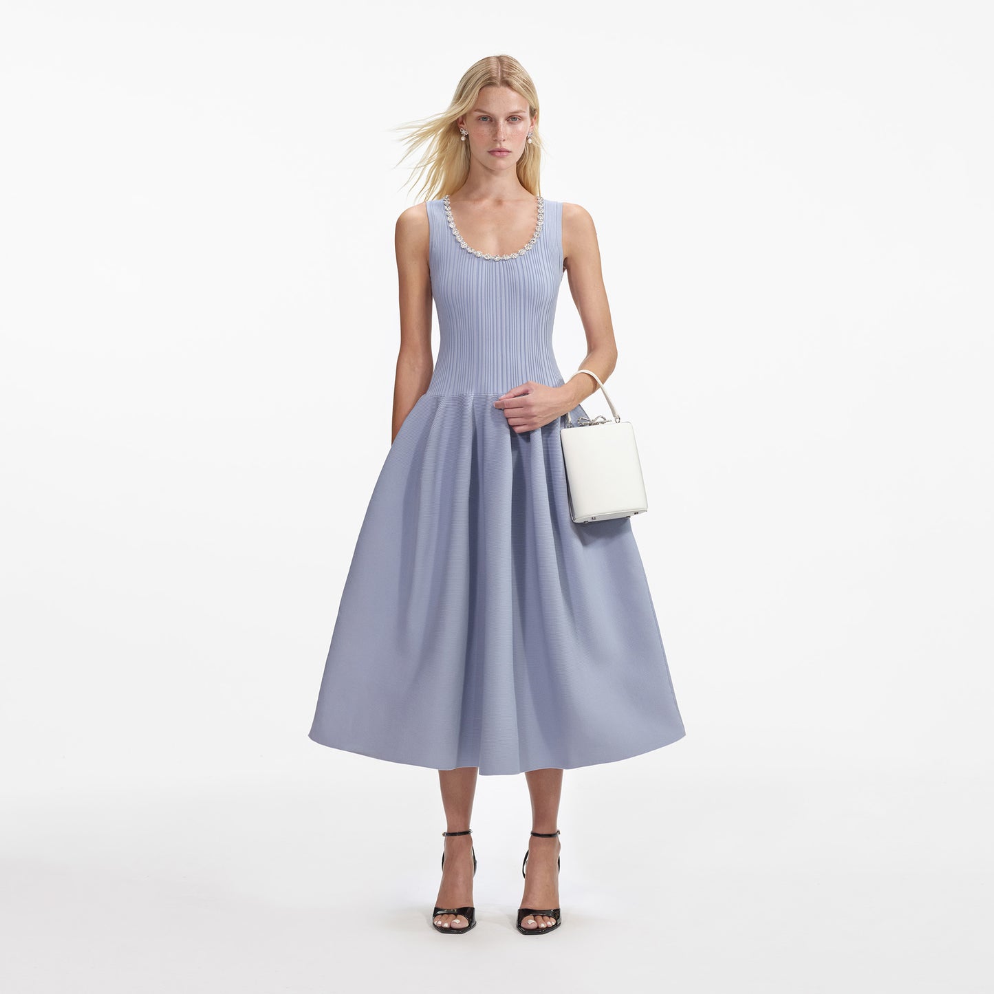 BLUE RIBBED KNIT DIAMANTE MIDI