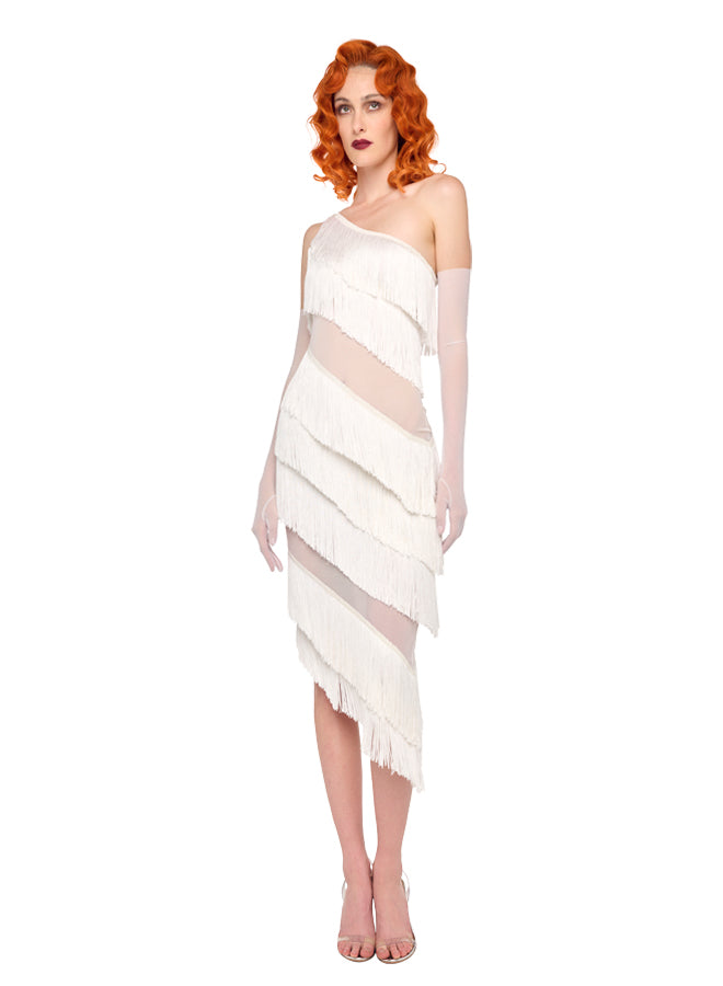SPLICED MIDCALF FRINGE DRESS
