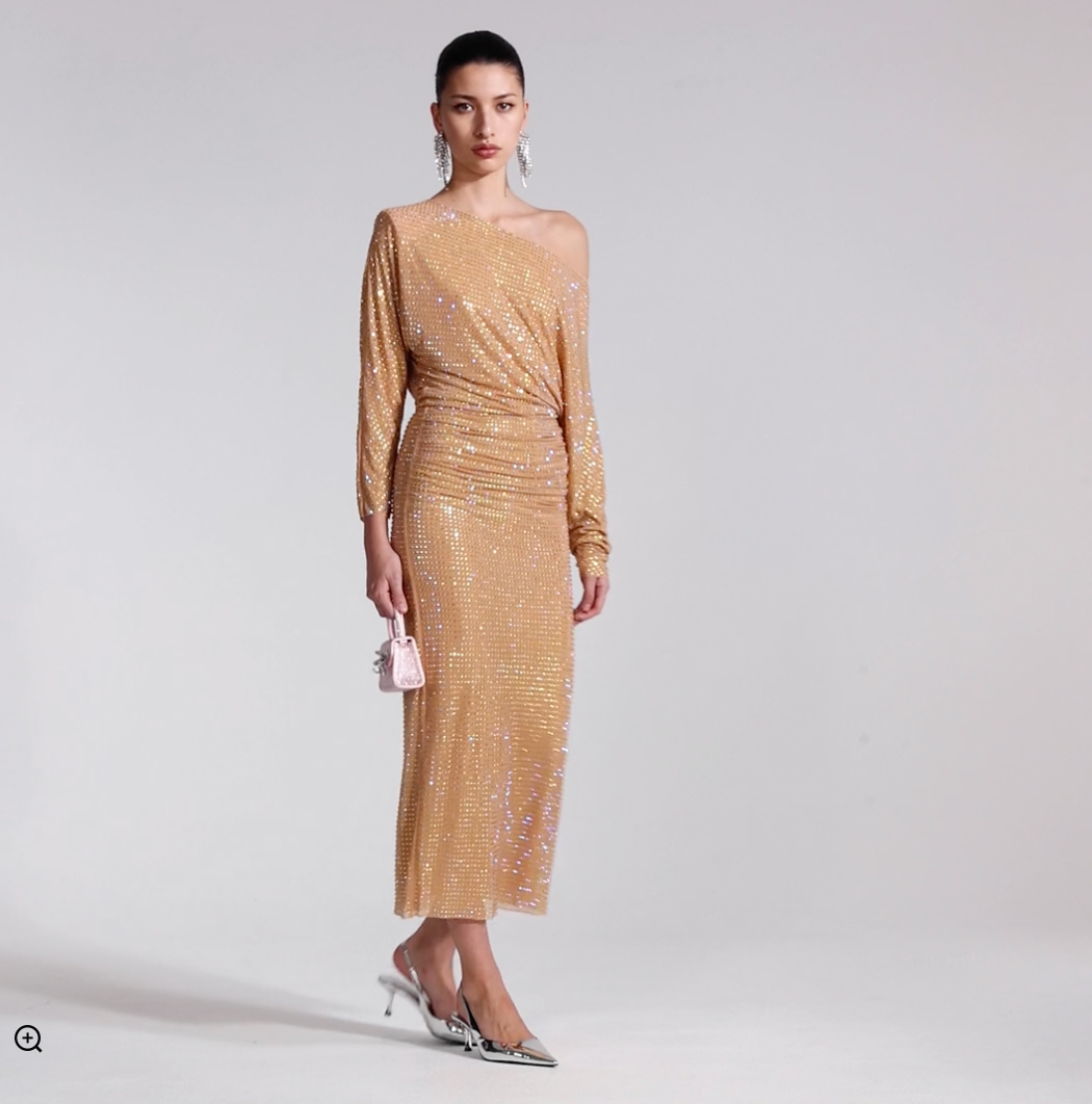 GOLD RHINESTONE MESH MIDI DRESS