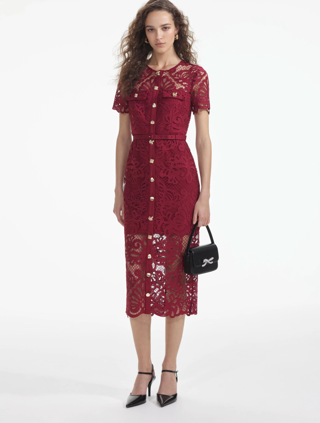 RED GUIPURE LACE BUTTON MIDI DRESS