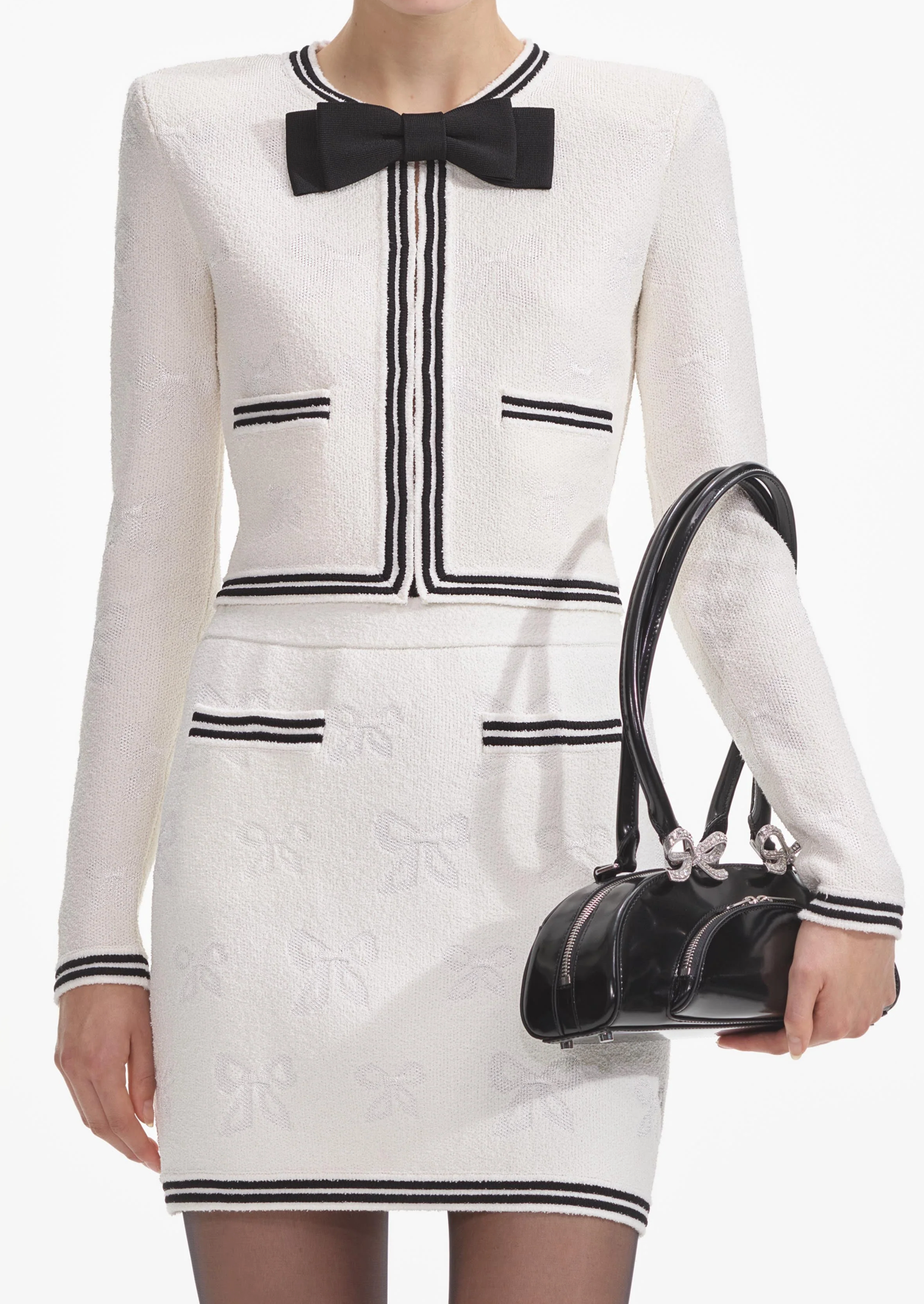 CREAM BOW JACQUARD CARDIGAN