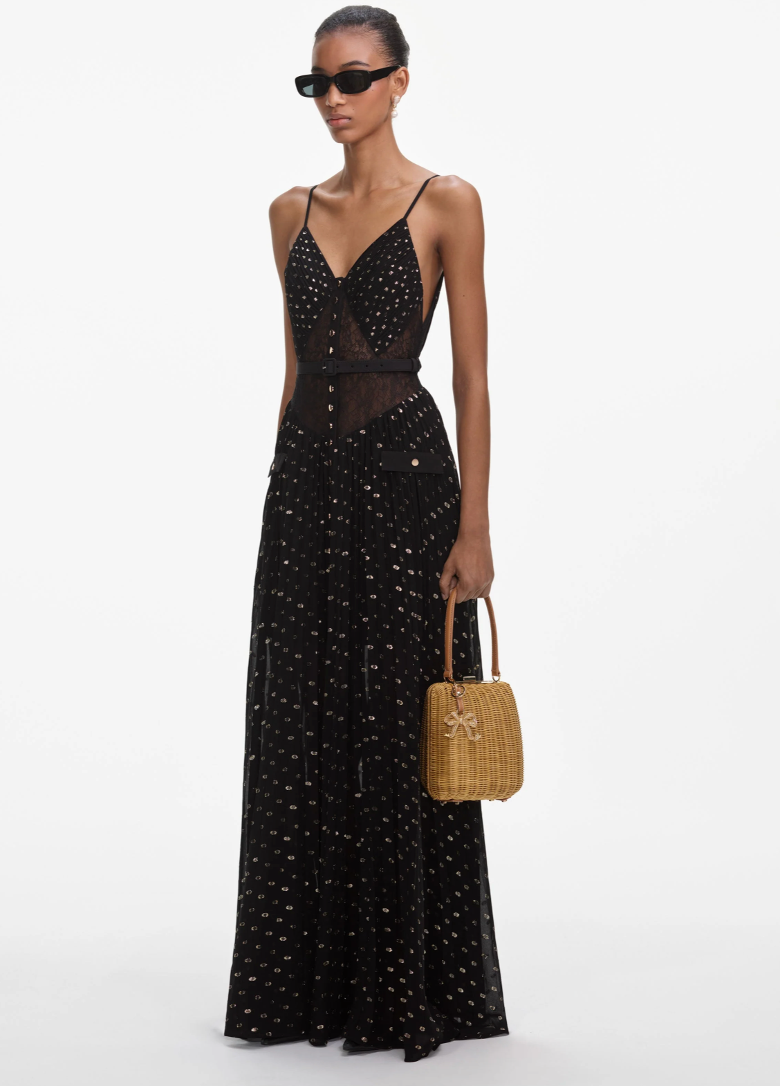 BLACK AND GOLD CHIFFON MAXI DRESS
