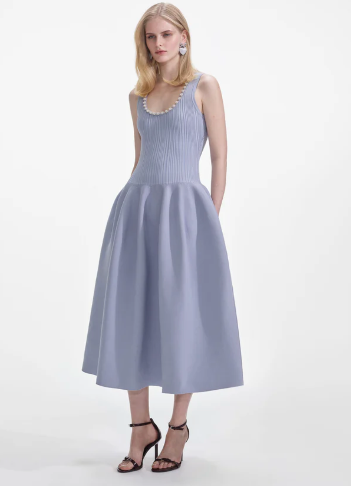 BLUE RIBBED KNIT DIAMANTE MIDI