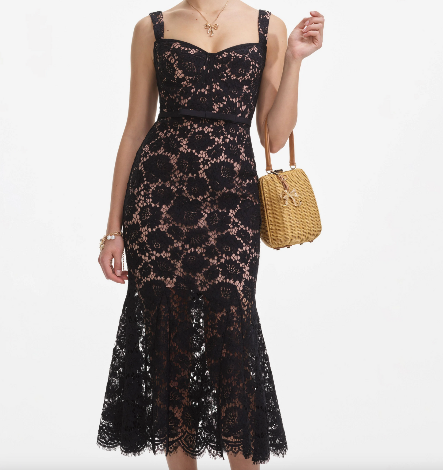 BLACK FINE LACE MIDI DRESS