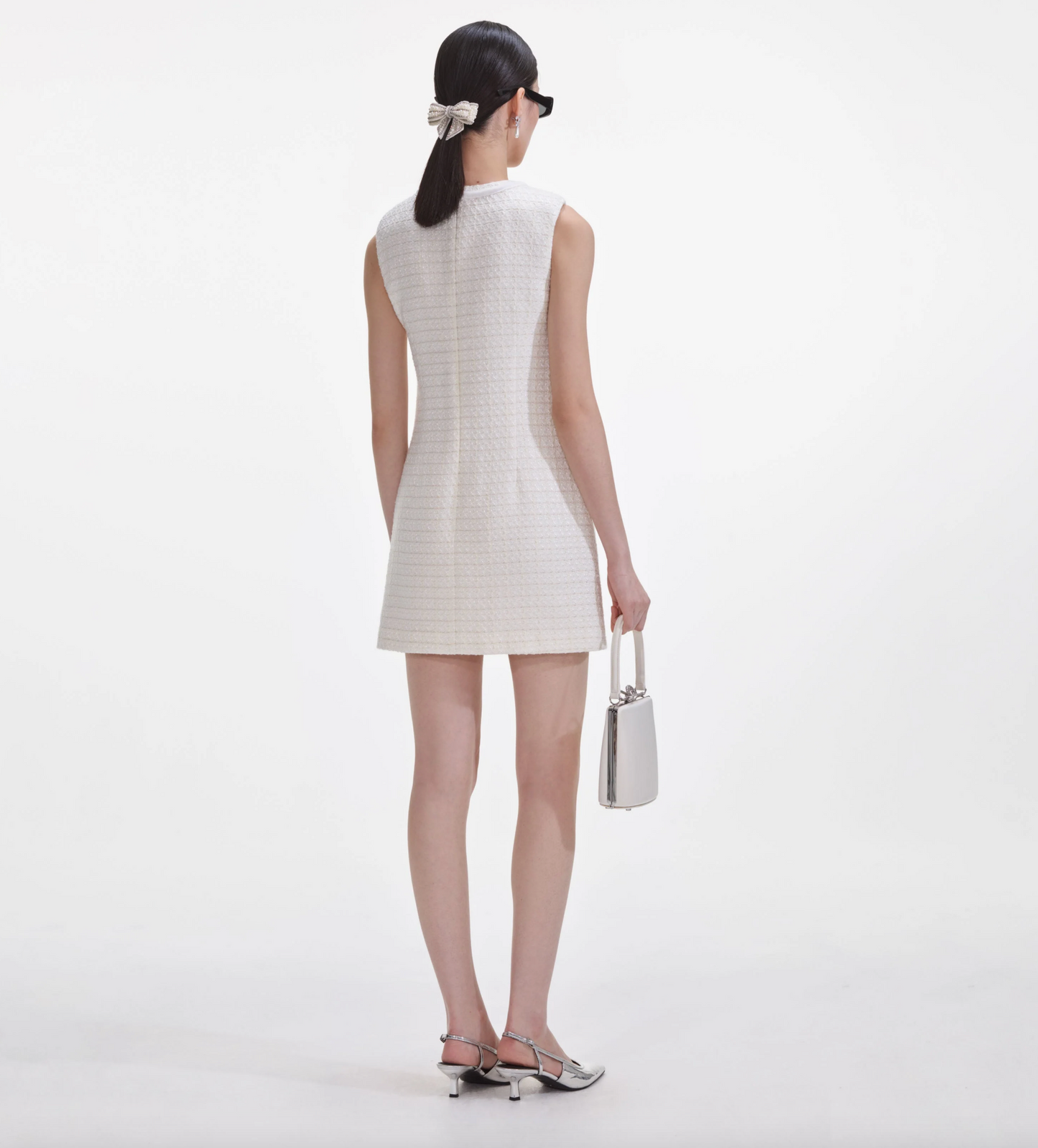 CREAM BOUCLE BOW MINI DRESS