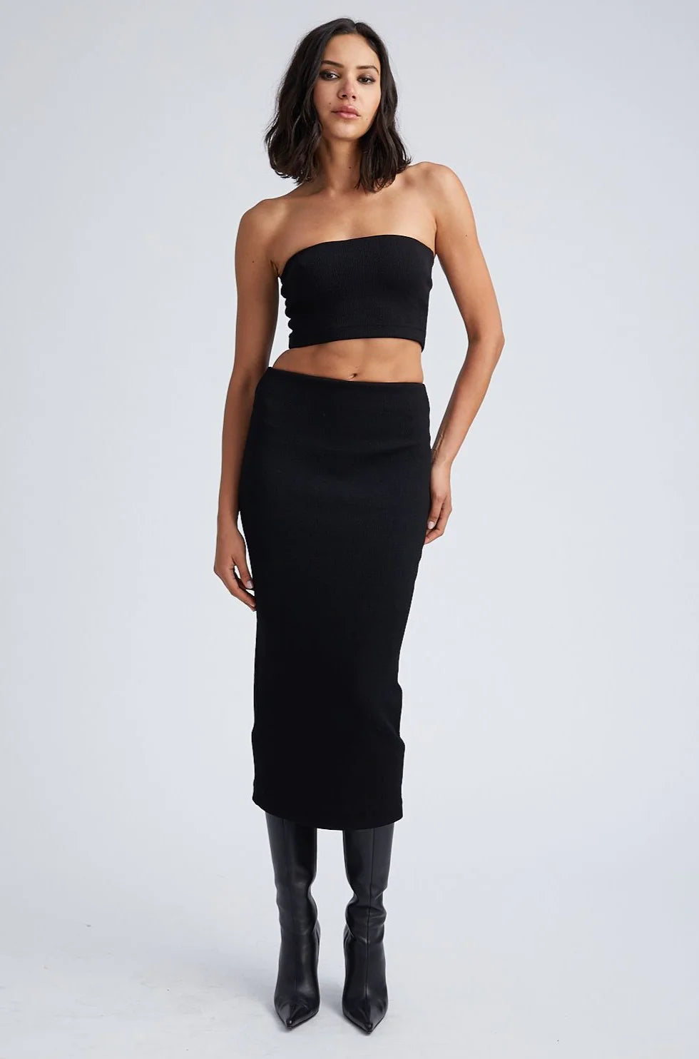 BLACK STRETCH JACQUARD TUBE SKIRT