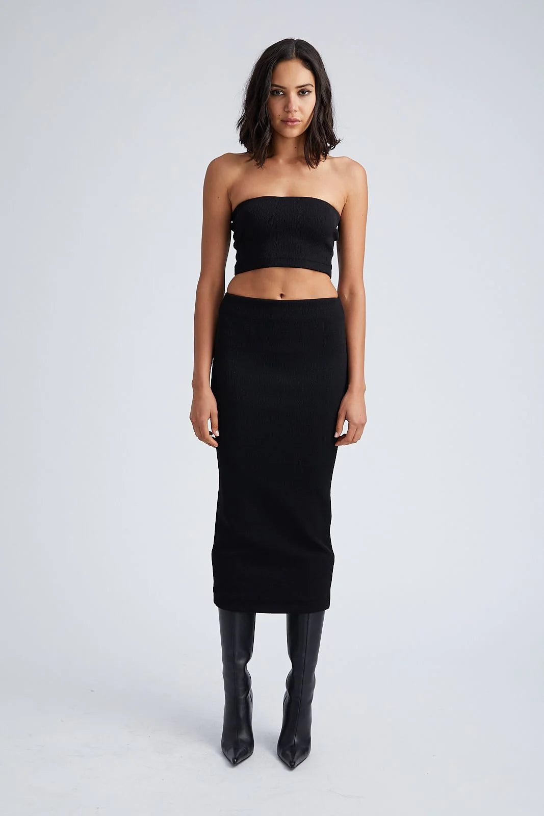 BLACK STRETCH JACQUARD TUBE SKIRT