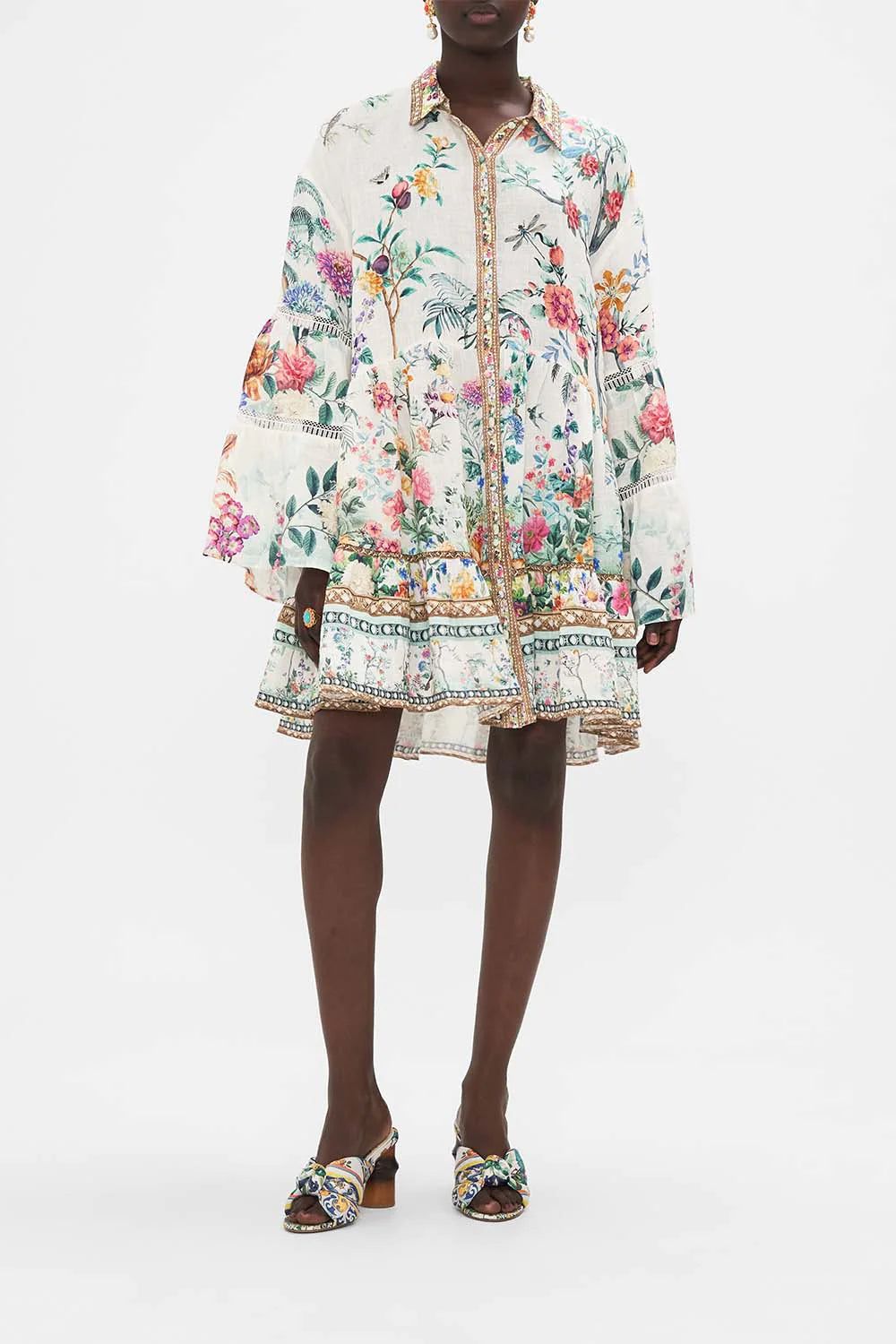 TIERED DRESS W/ LACE TRIM AT YOKE