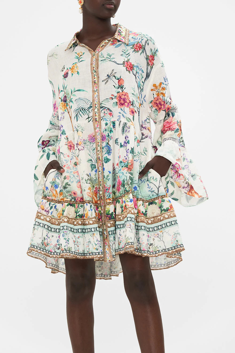 TIERED DRESS W/ LACE TRIM AT YOKE