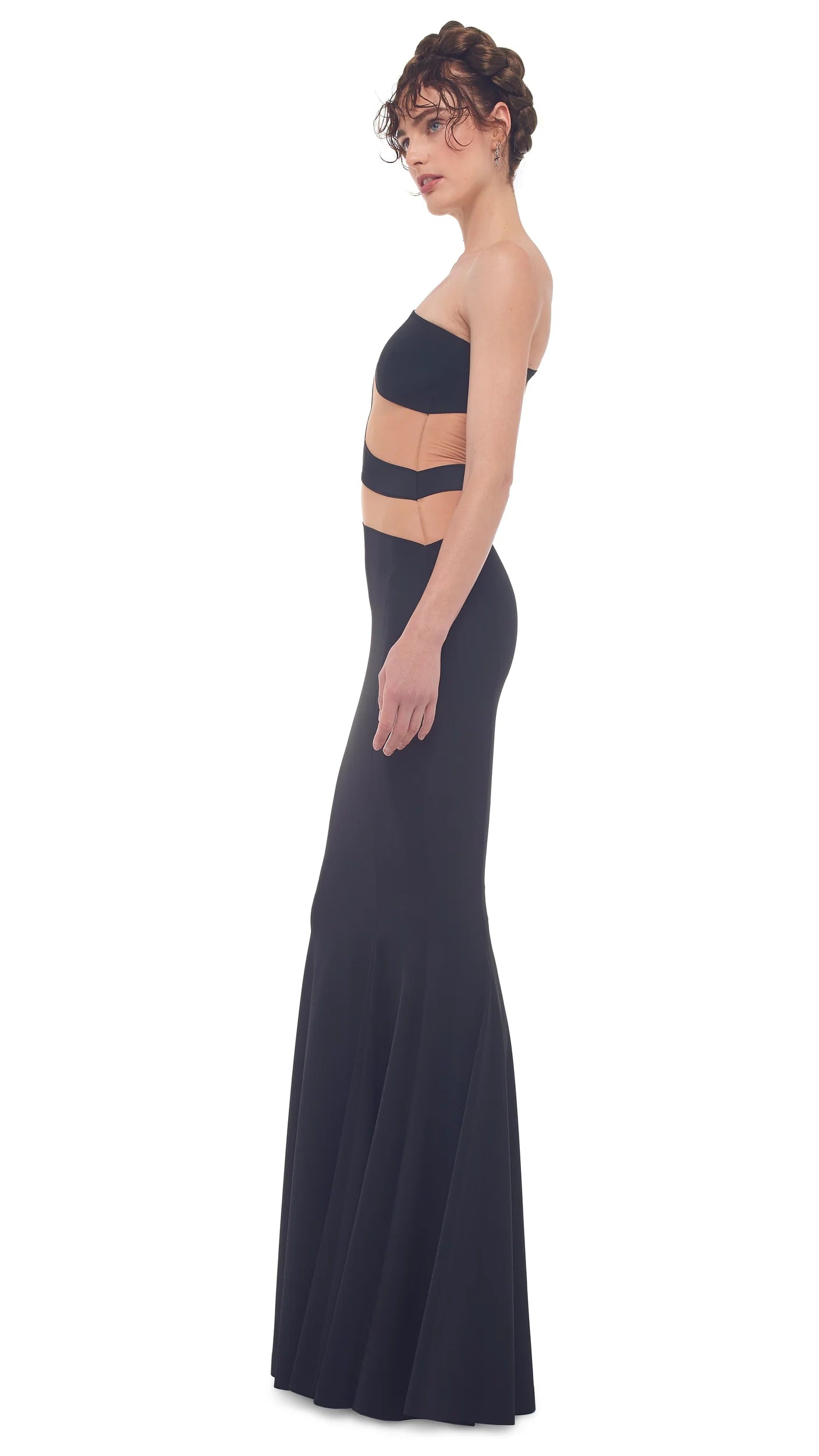 mesh fishtail dress PrettyLittleThing PLT Label RED Mesh Asymmetrical Drape Godet Fishtail High Neck Maxi Dress