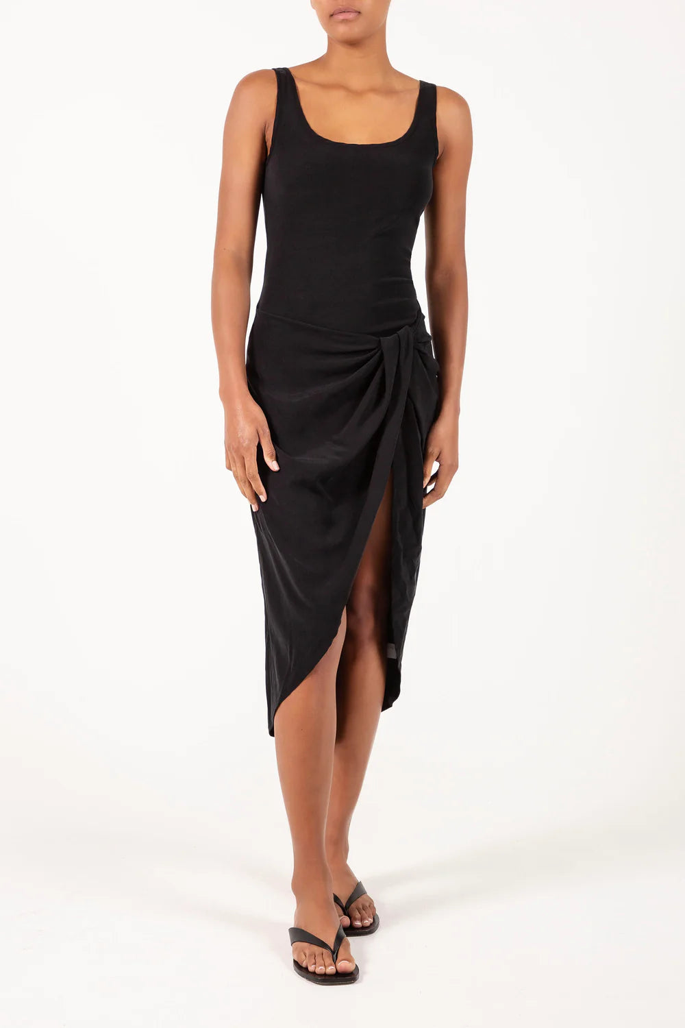 The Selene Drop Waist Drape Midi Dress in Stretch Cupro M / Black The Selene Drop Waist Drape Midi Dress in Stretch Cupro M / Black