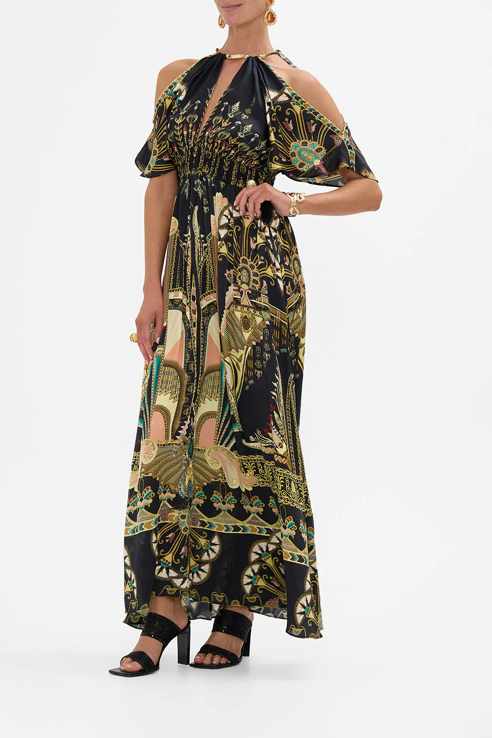 NECK PIECE SHIRRED WAIST LONG DRESS